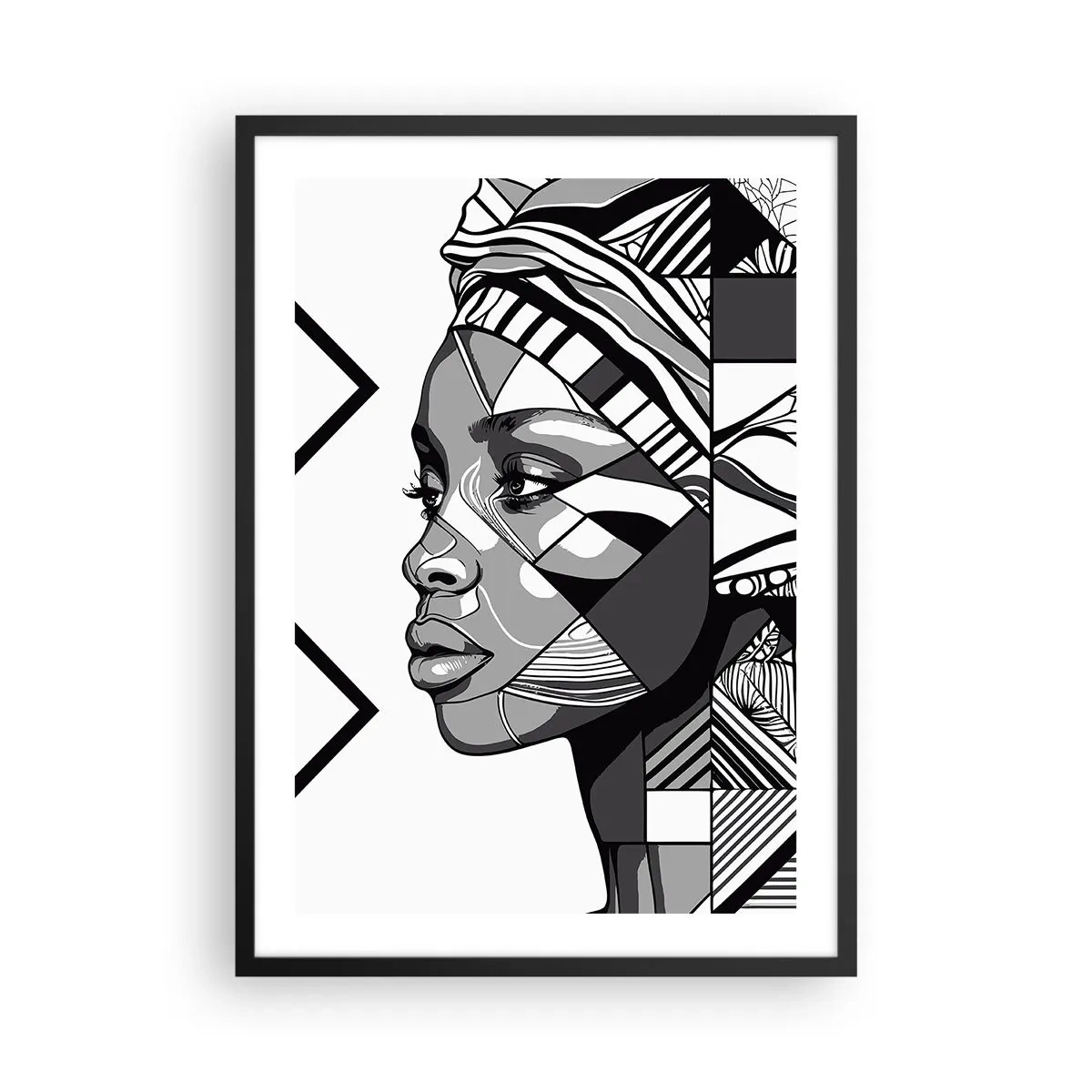 Pôster com moldura preta - Retrato geométrico de uma mulher em preto e branco - 50x70cm - Retrato étnico - Decoração de parede moderna para a sala de estar e quarto ARTTOR