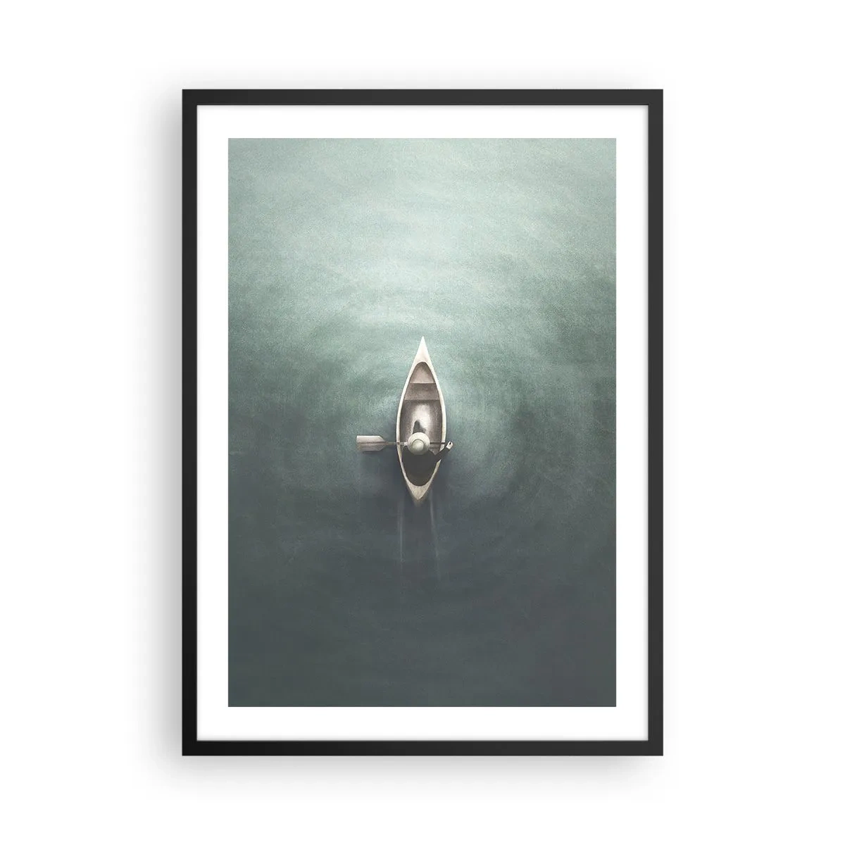 Pôster com moldura preta - Uma visão aérea de um barco à deriva em águas calmas - 50x70cm - Através do lago da lua - Decoração de parede moderna para a sala de estar e quarto ARTTOR