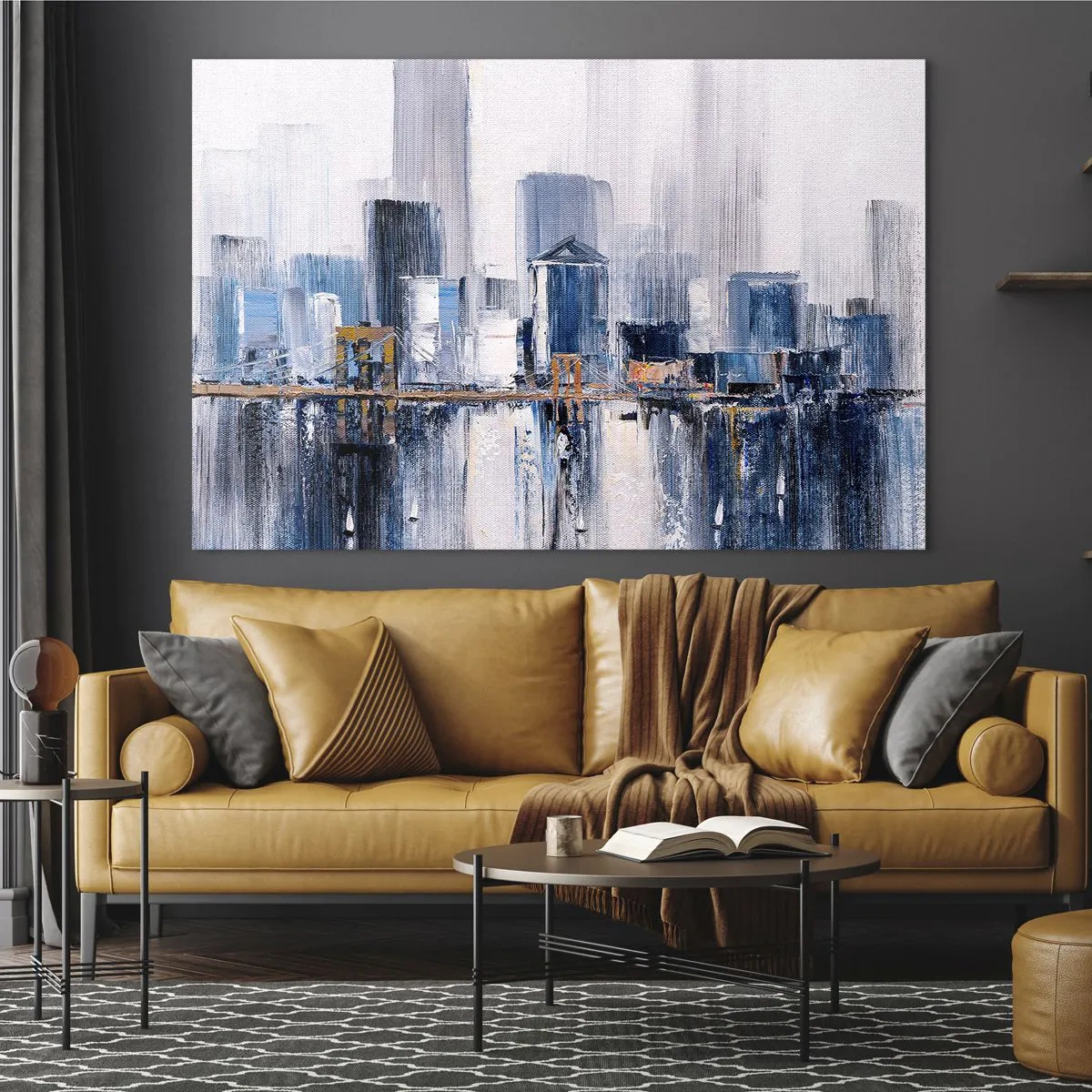 Quadro em vidro - Panorama abstrato da cidade com arranha-céus e uma ponte em cores frias - 70x50cm - Impressão de Nova York - Decoração de parede moderna para a sala de estar e quarto ARTTOR
