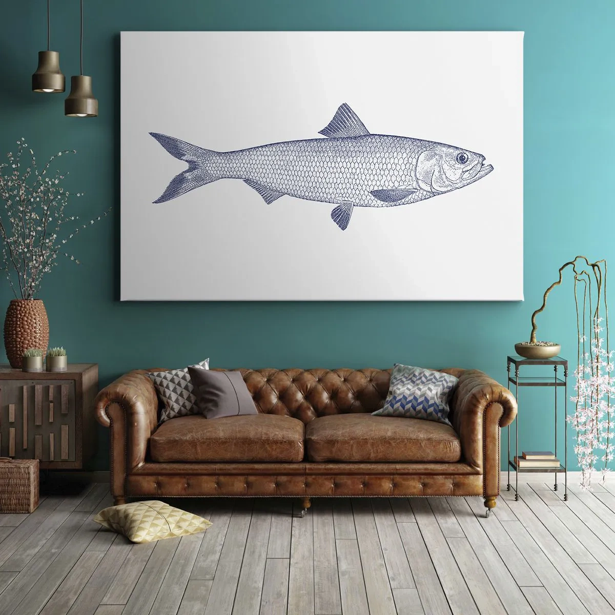 Quadro em tela - Ilustração de um peixe em tons de azul sobre fundo claro - 70x50cm - Saudações dos mares do norte - Decoração de parede moderna para a sala de estar e quarto ARTTOR