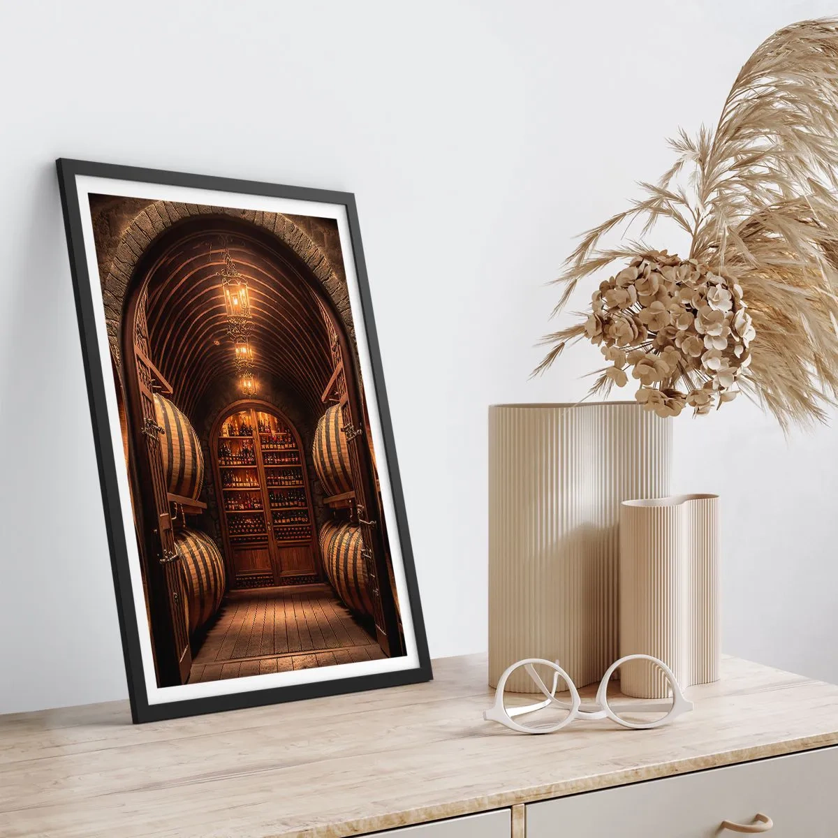 Pôster com moldura preta - Adega elegante com barricas de madeira - 50x70cm - Porão atmosférico - Decoração de parede moderna para a sala de estar e quarto ARTTOR