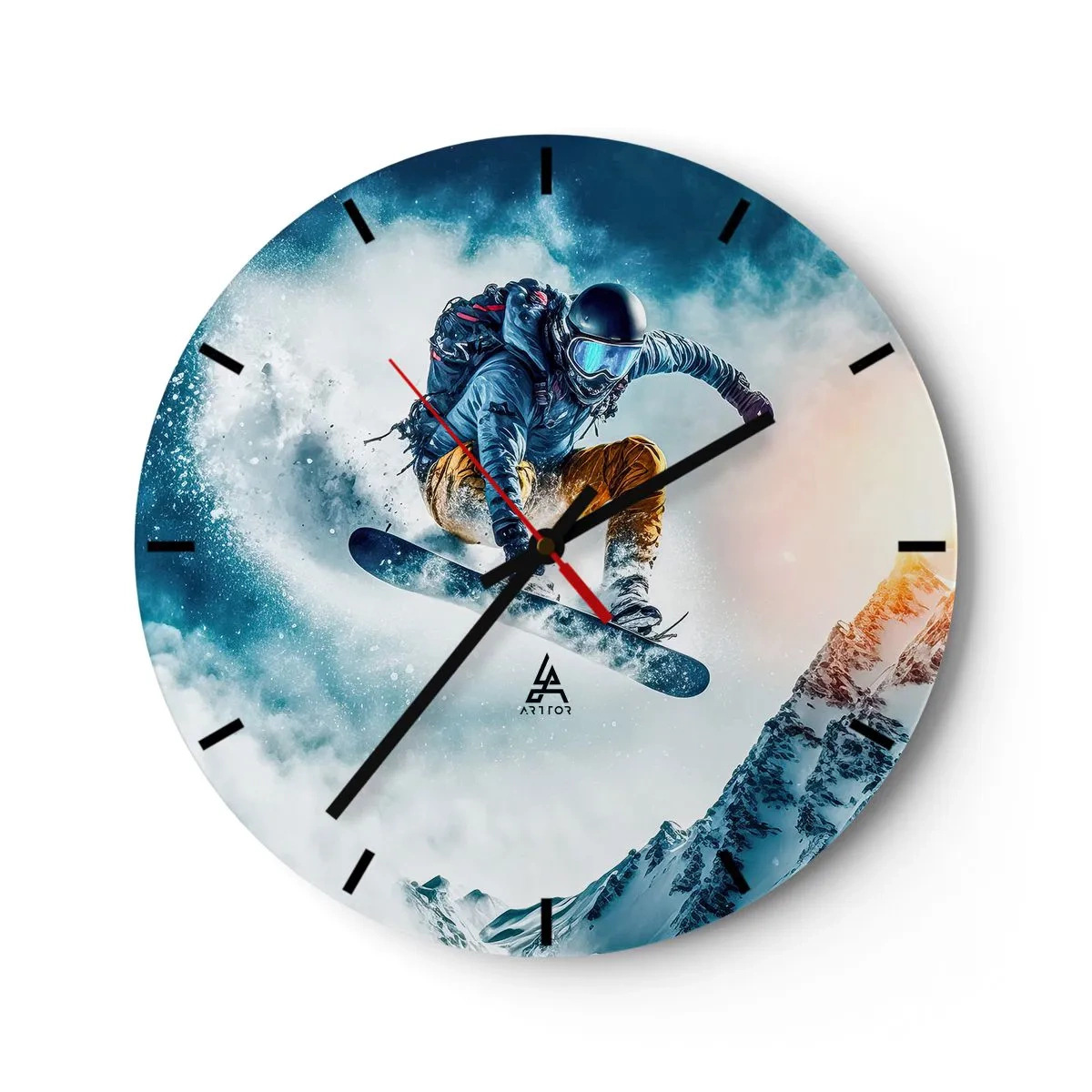 Relógio de parede - Relógio em vidro - Um snowboarder em voo tendo como pano de fundo montanhas e uma tempestade de neve - 30x30cm - Emoções extremas - Decoração de parede moderna para a sala de estar, cozinha e quarto ARTTOR