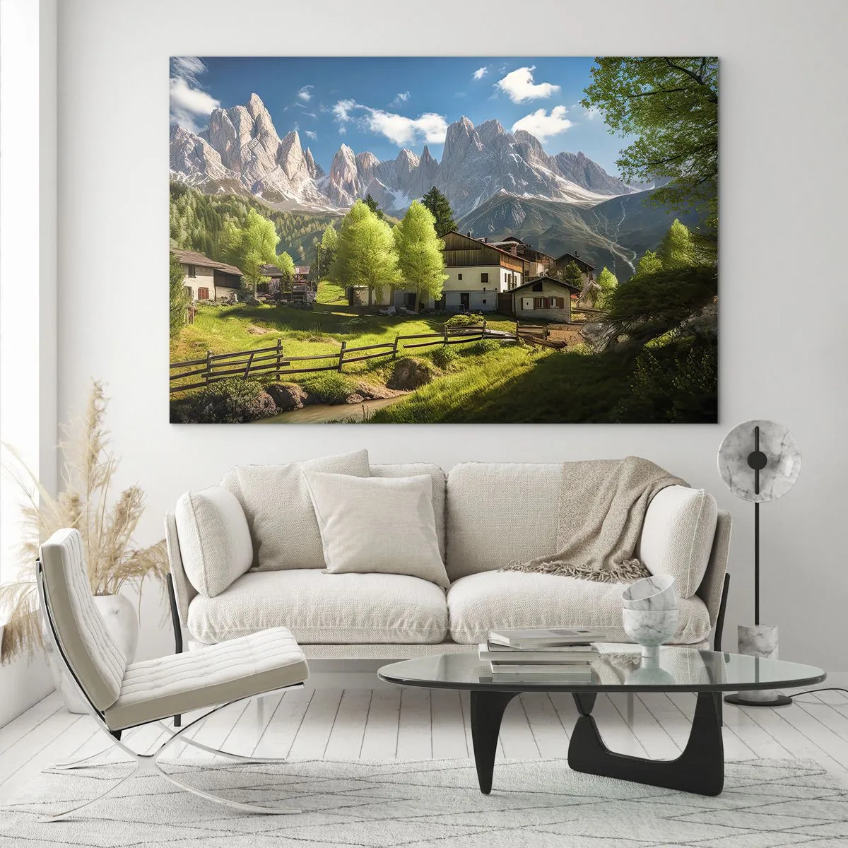 Quadro em vidro - Desenvolvimento rural em meio à vegetação ao pé dos picos alpinos - 70x50cm - Idílio alpino - Decoração de parede moderna para a sala de estar e quarto ARTTOR