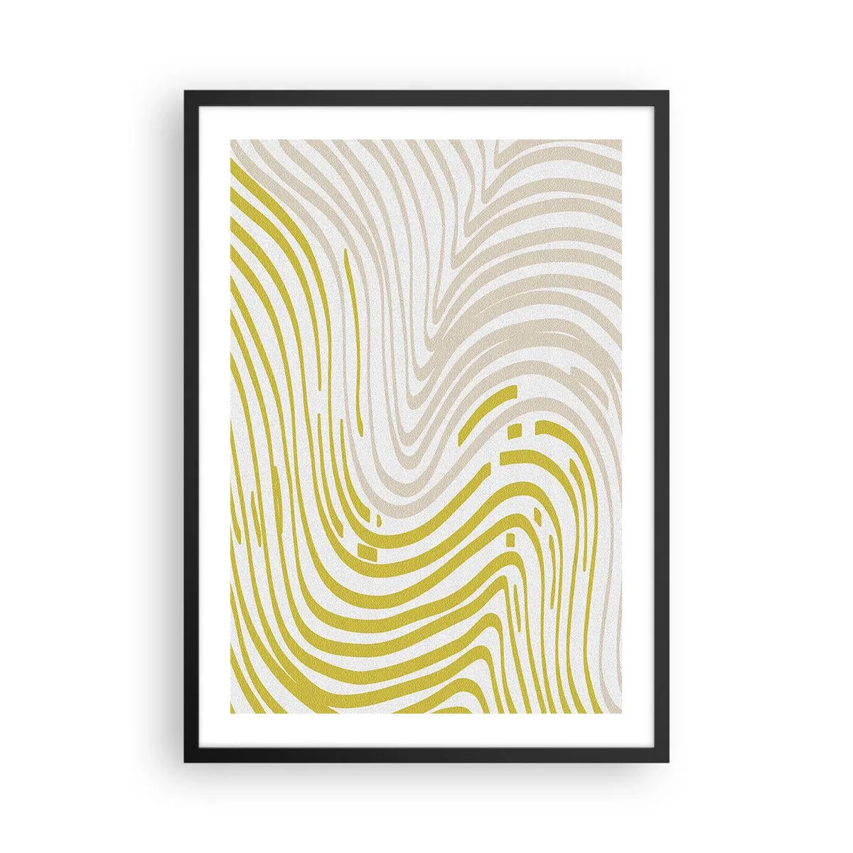 Pôster com moldura preta - Uma composição abstrata de linhas onduladas em tons de bege e amarelo. - 50x70cm - Uma composição com uma curvatura suave - Decoração de parede moderna para a sala de estar e quarto ARTTOR