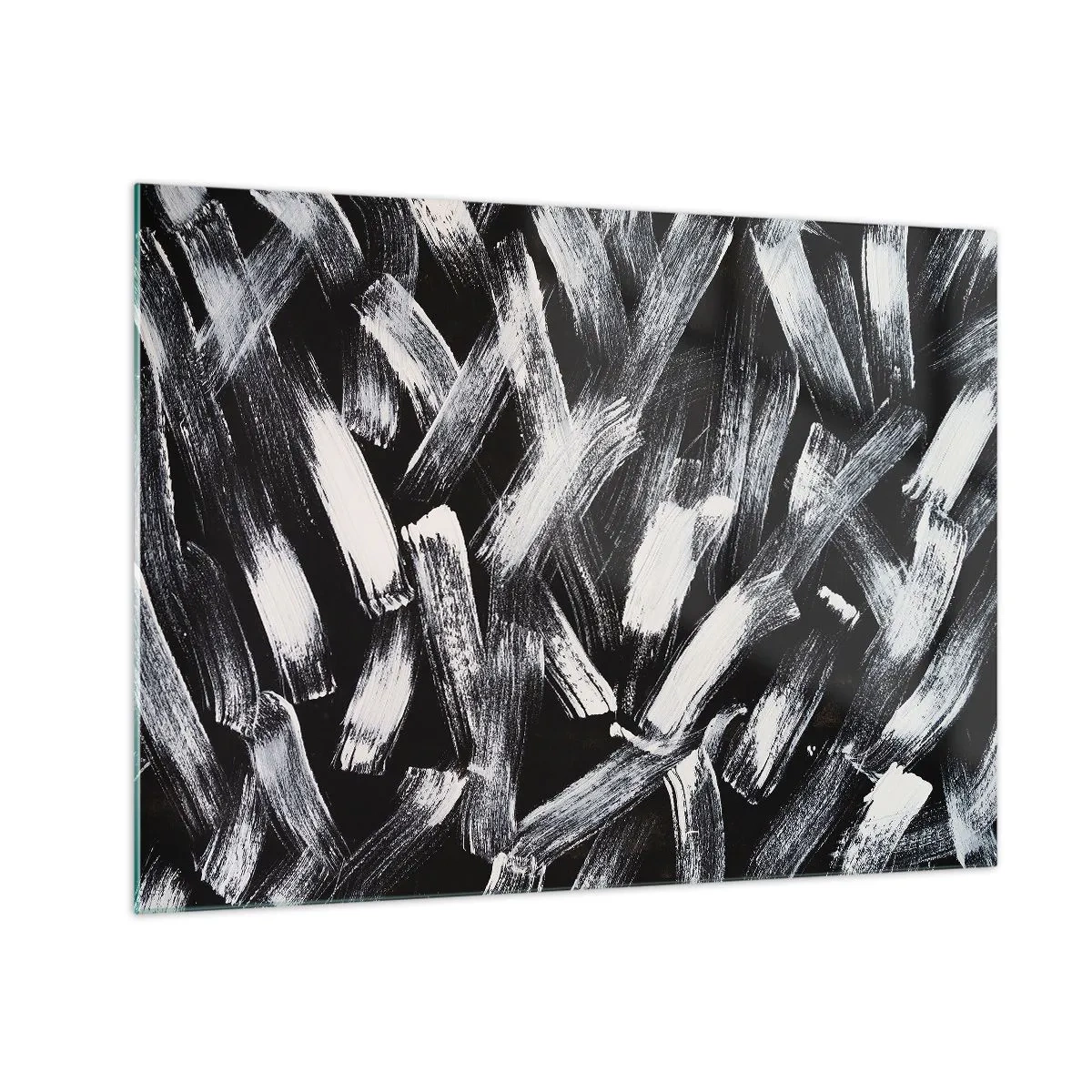 Quadro em vidro - Abstração em preto e branco de pinceladas em fundo escuro - 70x50cm - Abstração no espírito industrial - Decoração de parede moderna para a sala de estar e quarto ARTTOR