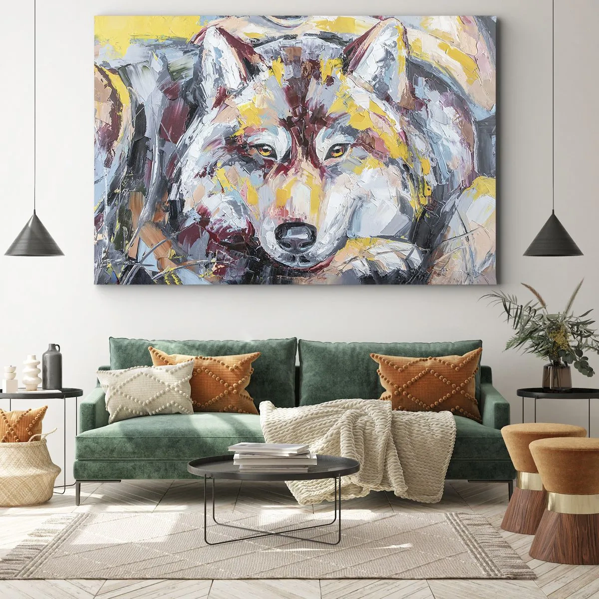 Quadro em tela - Retrato artístico de um lobo em cores intensas - 70x50cm - Paz entre entes queridos - Decoração de parede moderna para a sala de estar e quarto ARTTOR