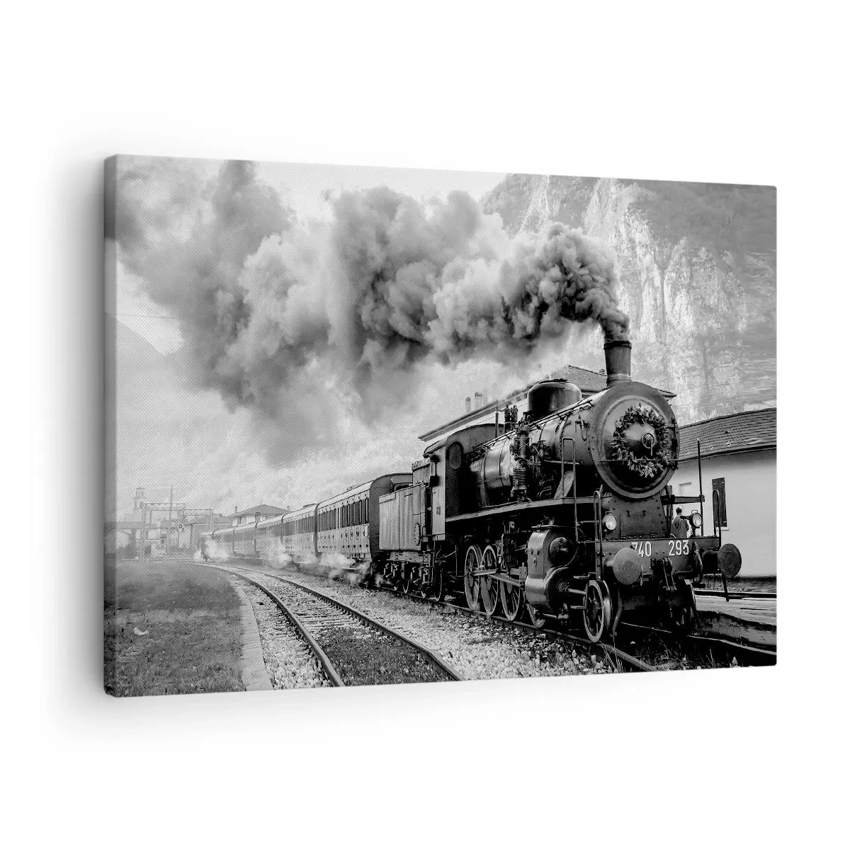 Quadro em tela - Uma locomotiva a vapor em preto e branco contra uma paisagem montanhosa - 70x50cm - À espera na estação... - Decoração de parede moderna para a sala de estar e quarto ARTTOR
