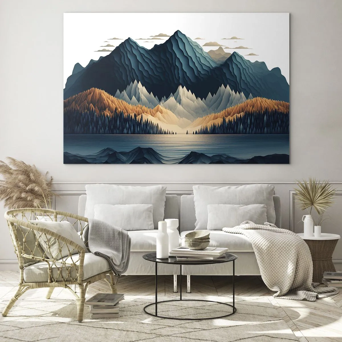 Quadro em vidro - Paisagem montanhosa estilizada com uma floresta e um lago - 70x50cm - Paisagem montanhosa perfeita - Decoração de parede moderna para a sala de estar e quarto ARTTOR