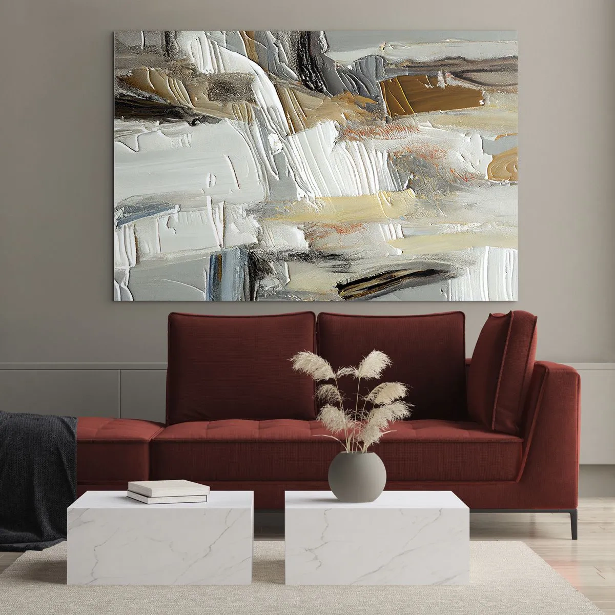 Quadro em vidro - Uma composição abstrata em tons terrosos com uma textura distinta. - 70x50cm - Camadas coloridas - Decoração de parede moderna para a sala de estar e quarto ARTTOR