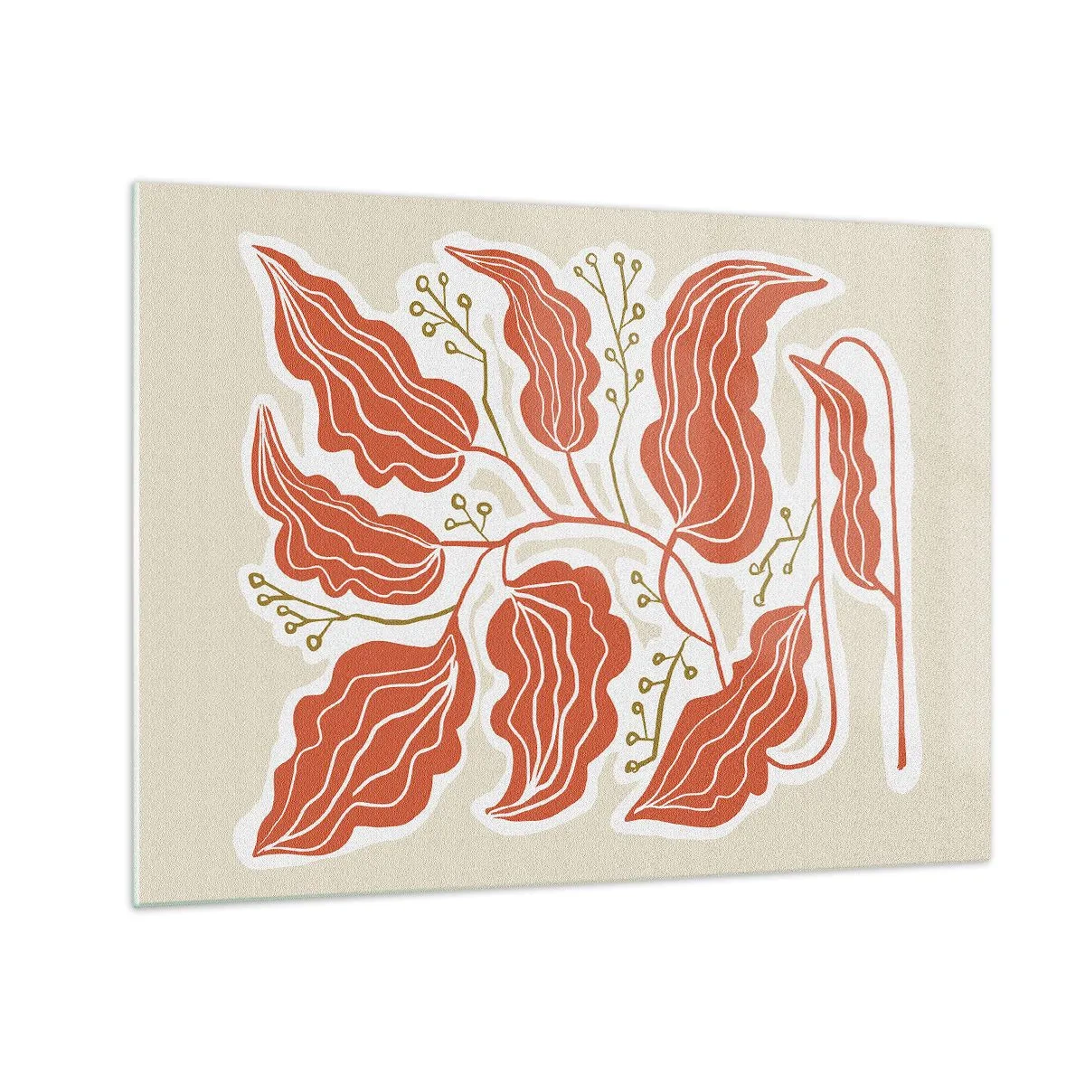 Quadro em vidro - Folhas de coral com padrão folclórico em fundo claro - 70x50cm - Folclórico e coral - Decoração de parede moderna para a sala de estar e quarto ARTTOR