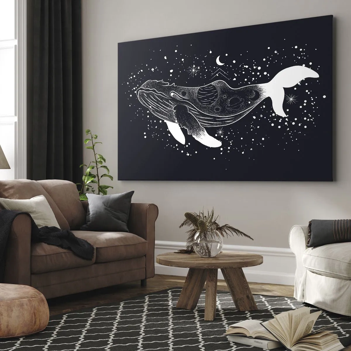 Quadro em tela - Uma ilustração gráfica de uma baleia em estilo da era espacial. - 70x50cm - No oceano do universo - Decoração de parede moderna para a sala de estar e quarto ARTTOR