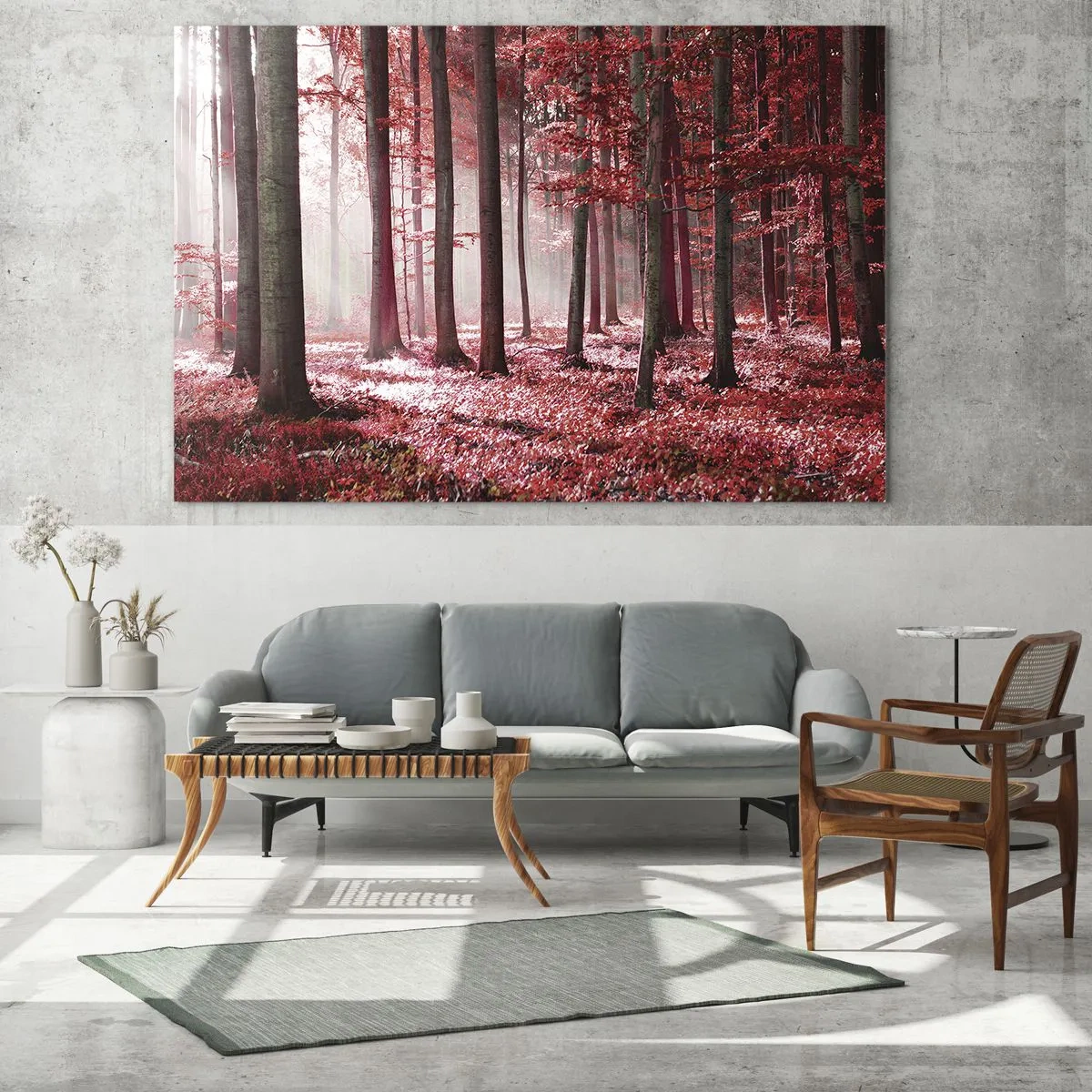 Quadro em vidro - Floresta de outono em cores vermelhas e neblina matinal - 70x50cm - O vermelho também é belo - Decoração de parede moderna para a sala de estar e quarto ARTTOR