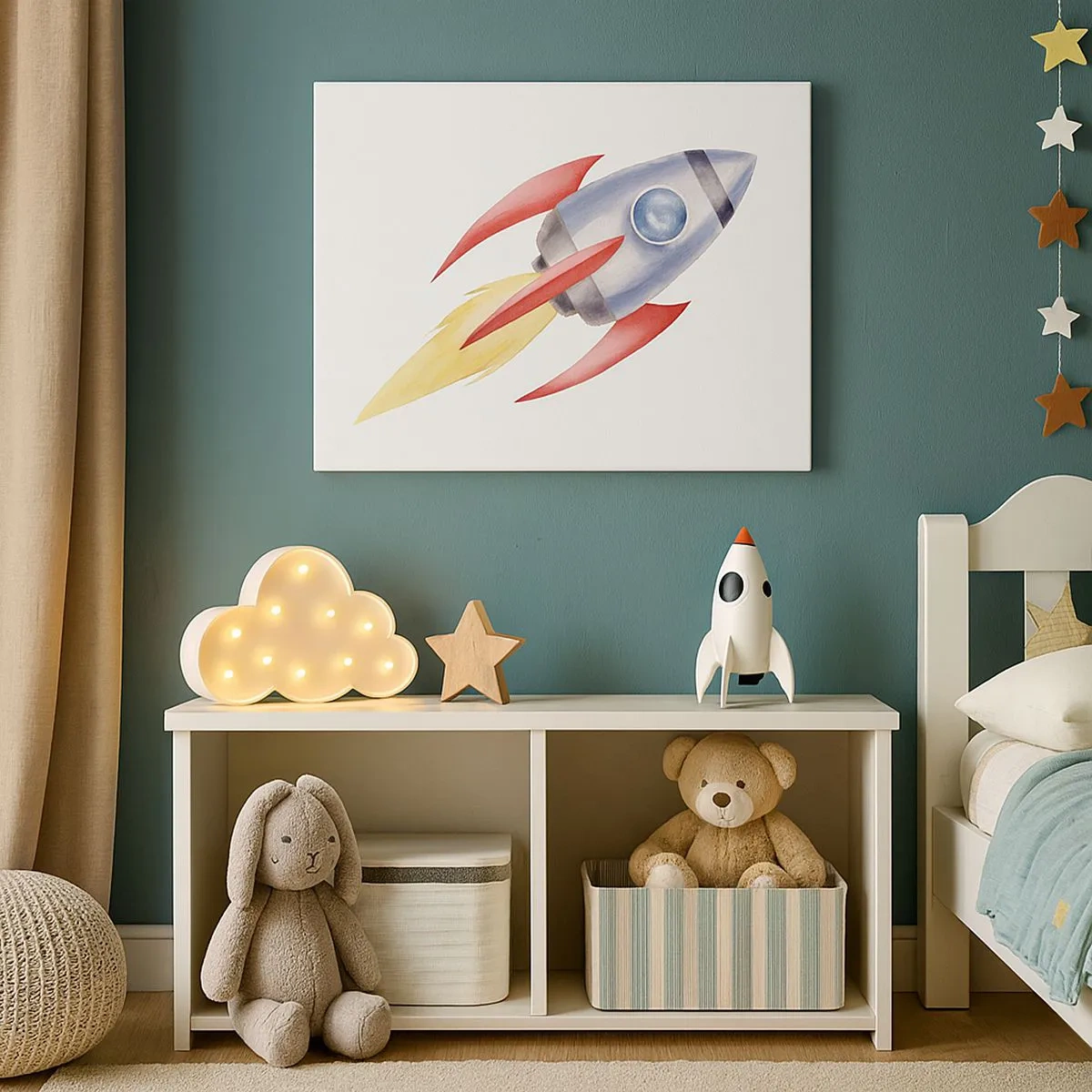 Quadro em tela - Foguete estilo aquarela em fundo branco - 70x50cm - Mais alto, mais rápido e mais longe - Decoração de parede moderna para a sala de estar e quarto ARTTOR