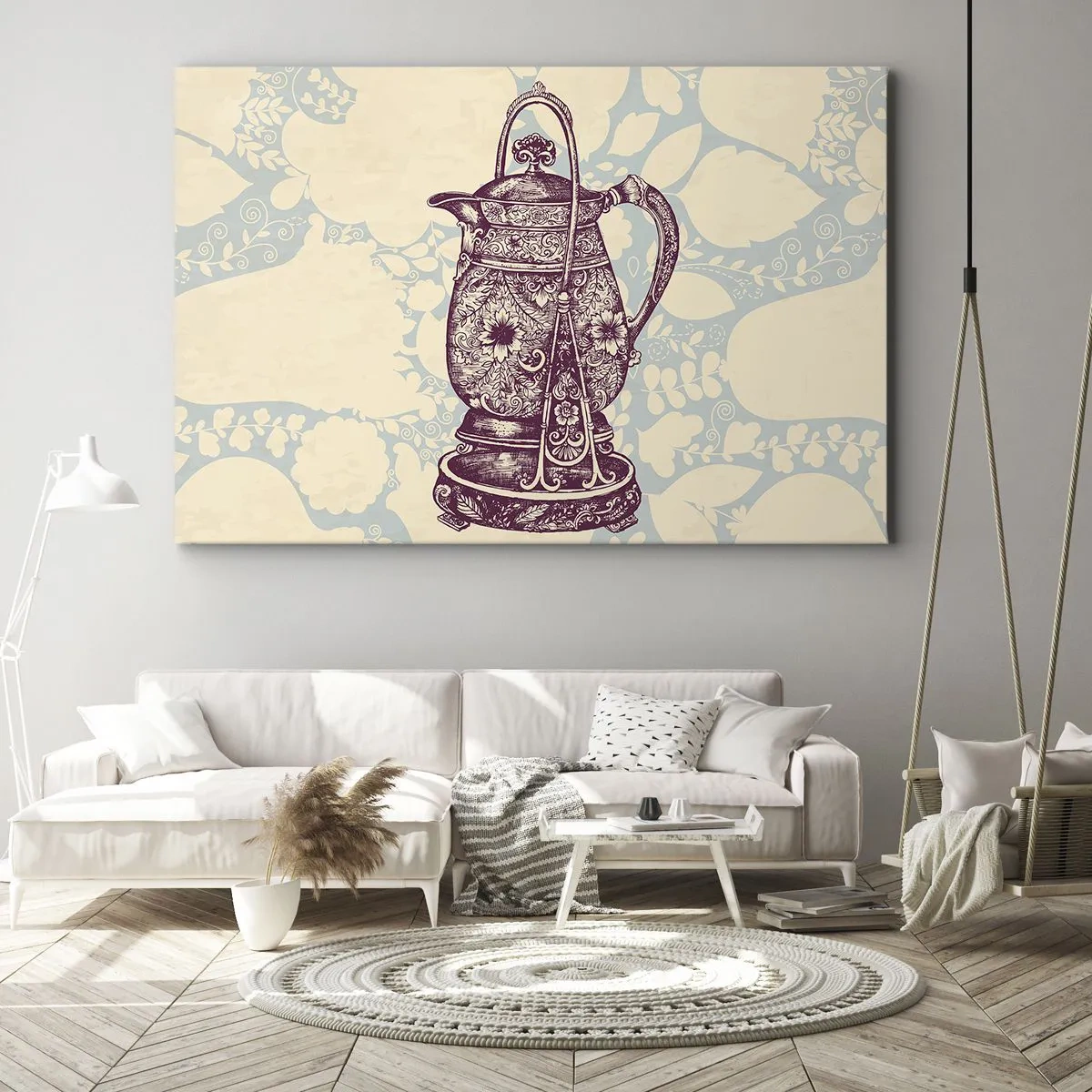 Quadro em tela - Jarro estilizado com ornamentos em fundo floral - 70x50cm - A beleza da vida cotidiana - Decoração de parede moderna para a sala de estar e quarto ARTTOR