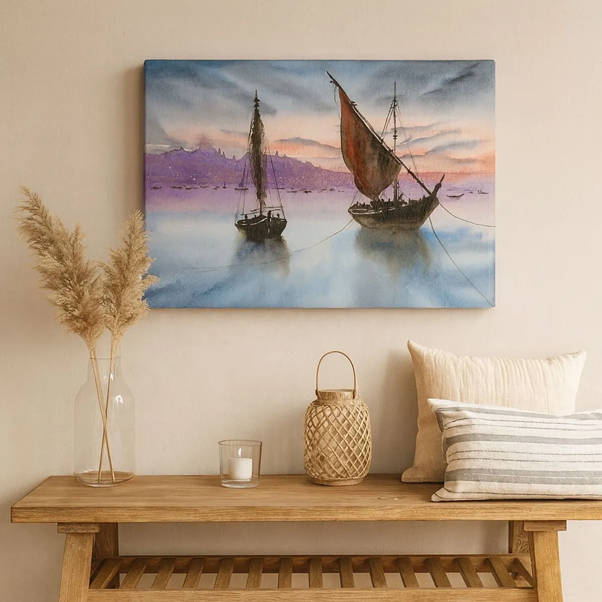 Quadro em tela - Dois veleiros atracados em águas calmas ao entardecer - 70x50cm - Noite no porto - Decoração de parede moderna para a sala de estar e quarto ARTTOR