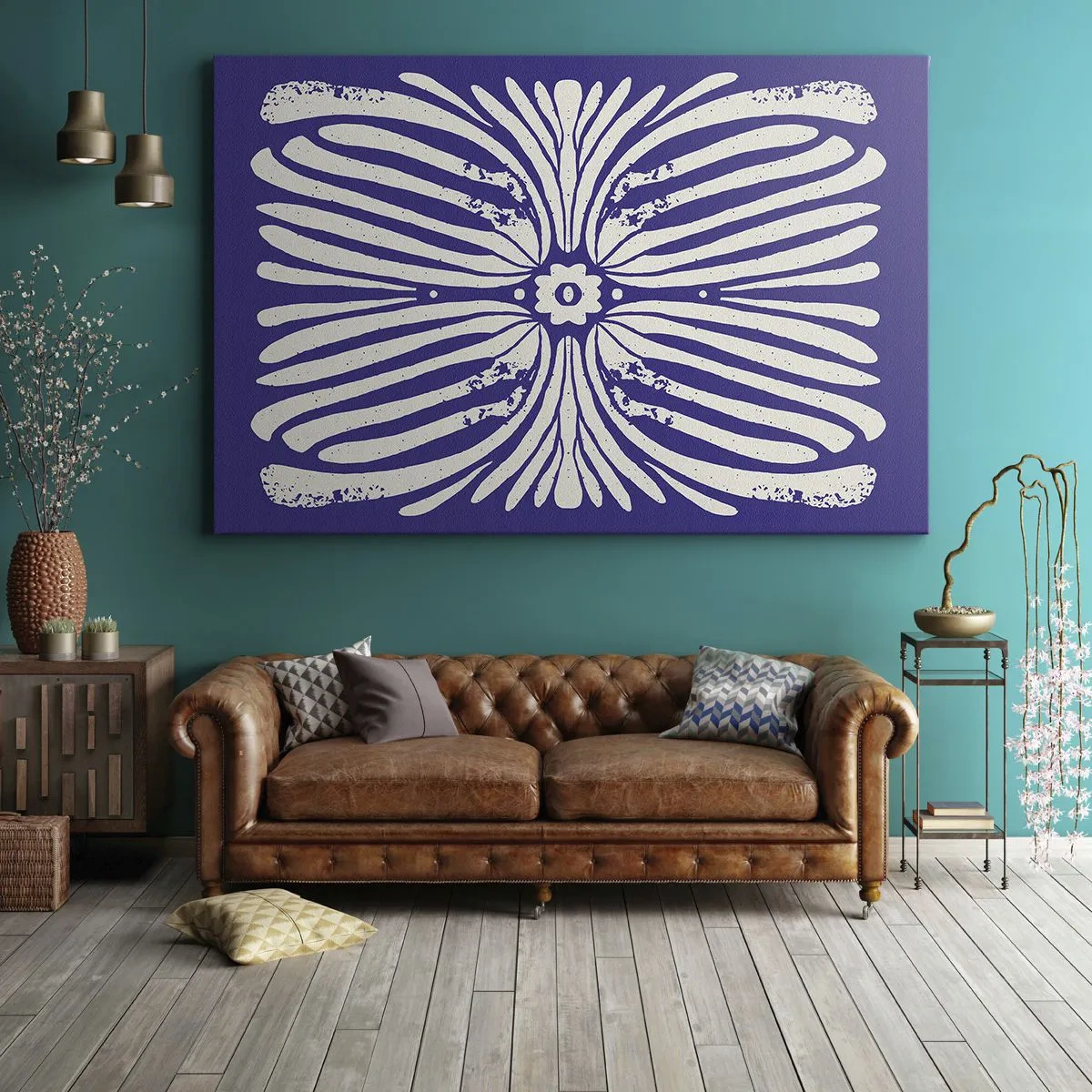 Quadro em tela - Padrão étnico em tons de roxo e branco - 70x50cm - Inspirações étnicas - Decoração de parede moderna para a sala de estar e quarto ARTTOR
