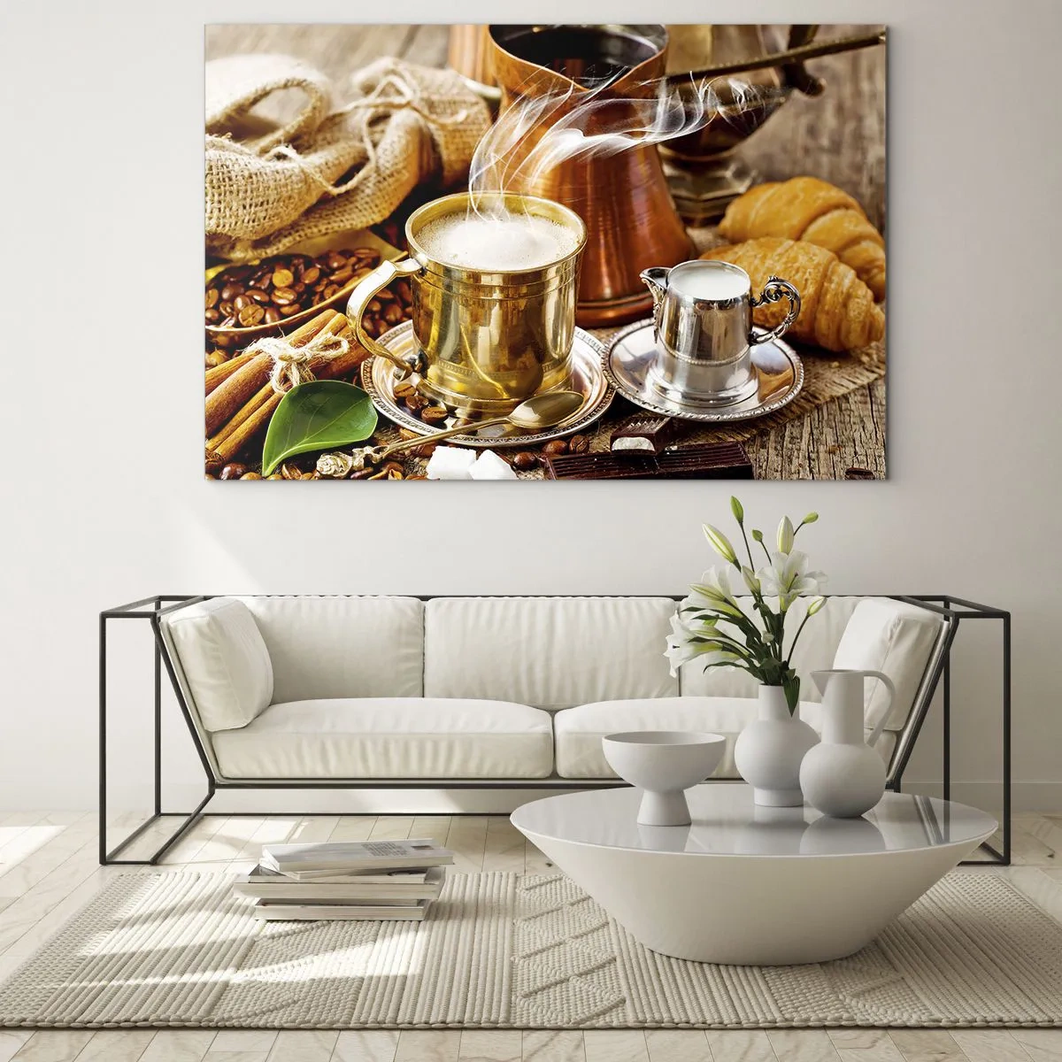 Quadro em vidro - Uma caneca dourada de café com leite cercada por grãos e croissants - 70x50cm - Bons dias! - Decoração de parede moderna para a sala de estar e quarto ARTTOR