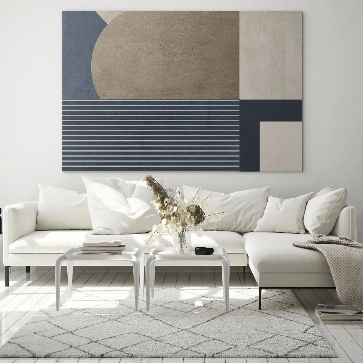 Quadro em vidro - Uma forma minimalista com um círculo e linhas em bege - 70x50cm - Uma composição de simplicidade e redondeza - Decoração de parede moderna para a sala de estar e quarto ARTTOR