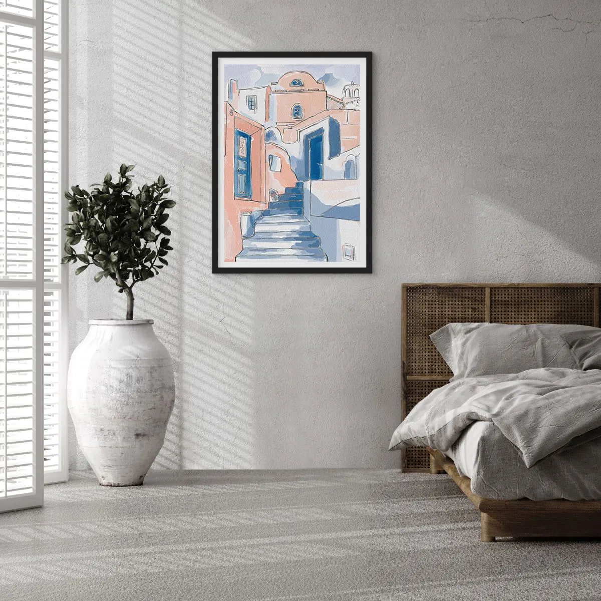 Pôster com moldura preta - Uma pitoresca rua de estilo mediterrâneo em tons de azul - 50x70cm - Cidade exótica - Decoração de parede moderna para a sala de estar e quarto ARTTOR