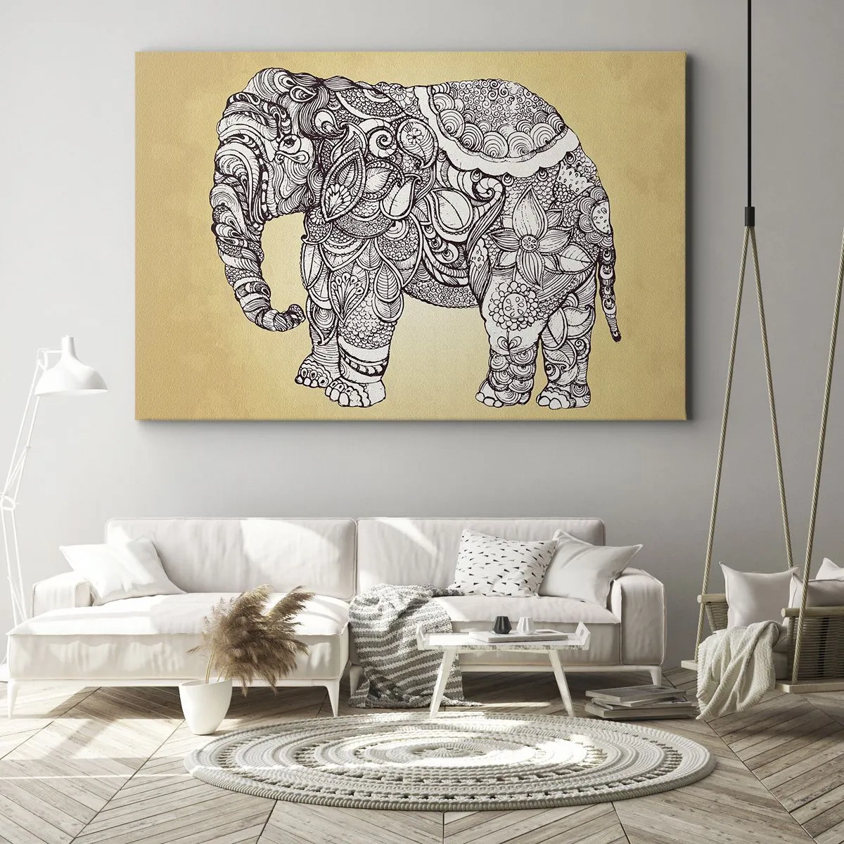 Quadro em tela - Elefante desenhado à mão com um padrão ornamentado em um fundo bege - 70x50cm - O elefante se cobriu - Decoração de parede moderna para a sala de estar e quarto ARTTOR
