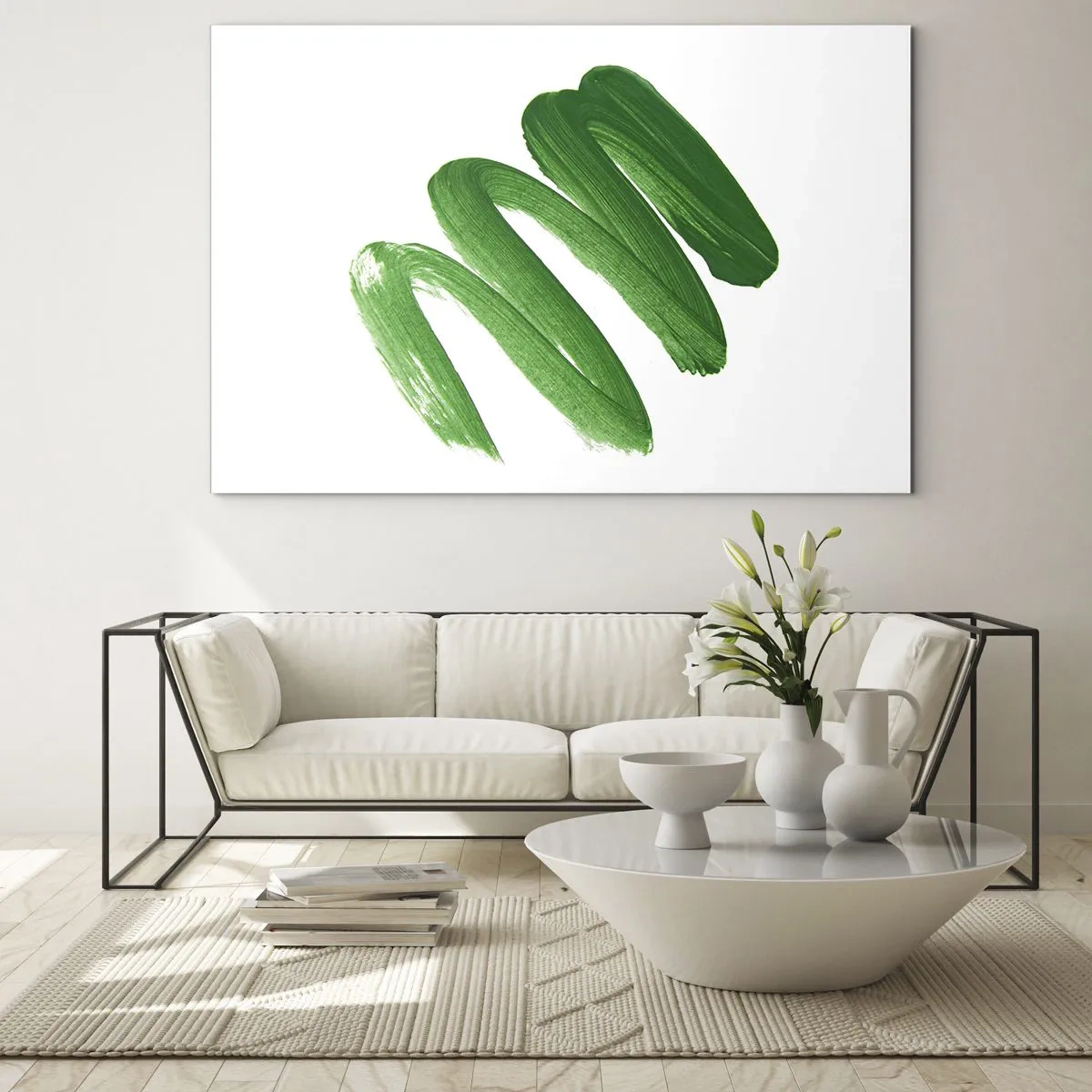 Quadro em vidro - Pincelada verde dinâmica em fundo branco - 70x50cm - Piada verde - Decoração de parede moderna para a sala de estar e quarto ARTTOR