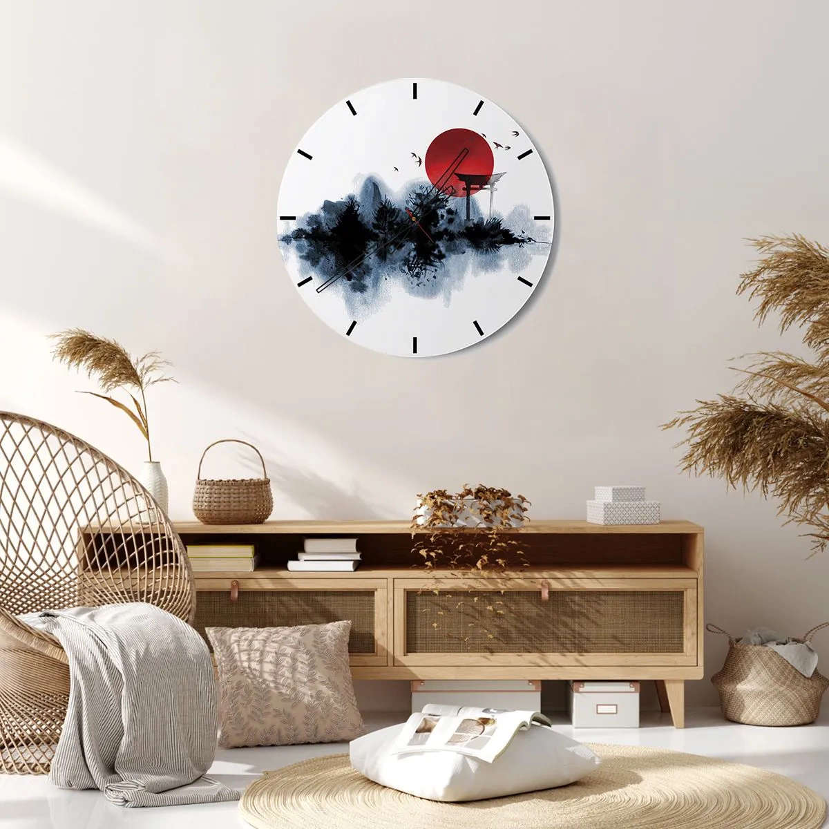 Relógio de parede - Relógio em vidro - Uma bola de sol vermelha e um portão torii de estilo japonês sobre a água - 30x30cm - Vista japonesa - Decoração de parede moderna para a sala de estar, cozinha e quarto ARTTOR