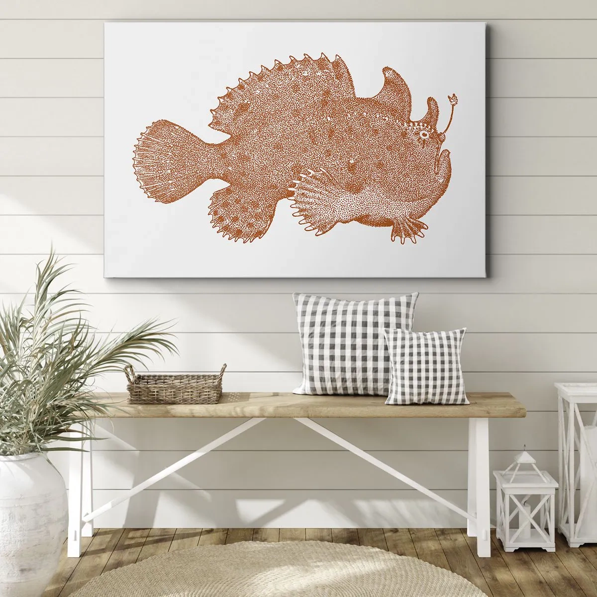 Quadro em tela - Desenho detalhado de um peixe cor de cobre em um fundo branco - 70x50cm - E era um peixe - Decoração de parede moderna para a sala de estar e quarto ARTTOR