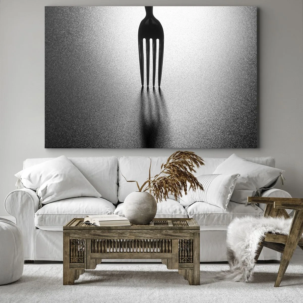 Quadro em tela - Uma versão minimalista de um garfo em preto e branco com jogo de sombras. - 70x50cm - Luz e sombra - Decoração de parede moderna para a sala de estar e quarto ARTTOR