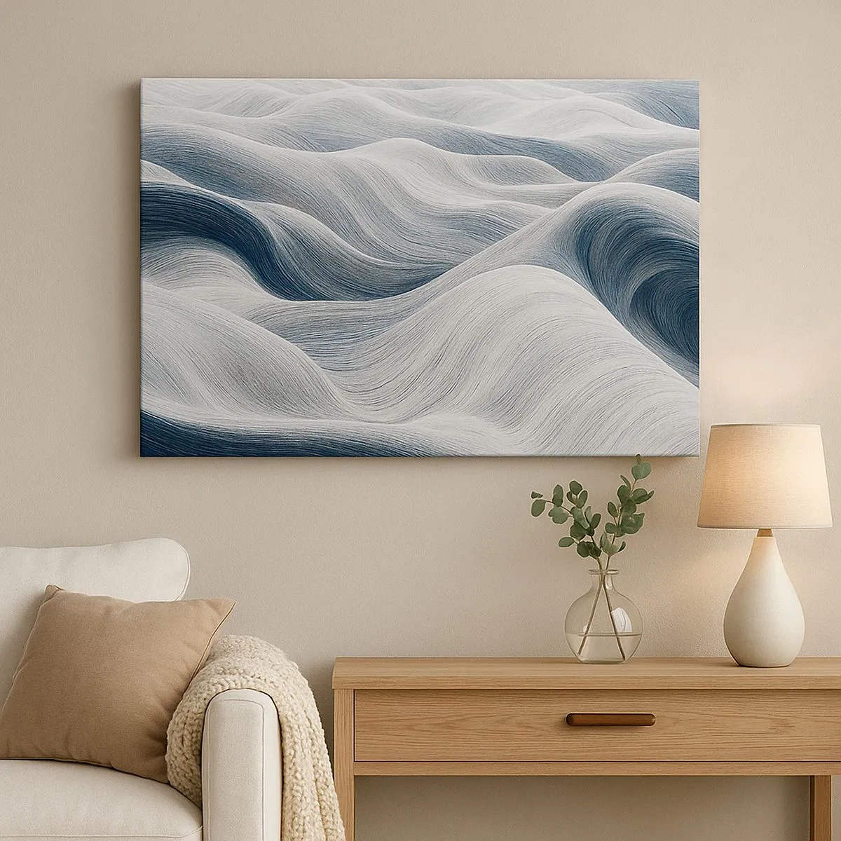 Quadro em tela - Linhas onduladas em tons de azul e branco - 70x50cm - Ondas brancas e azuis - Decoração de parede moderna para a sala de estar e quarto ARTTOR