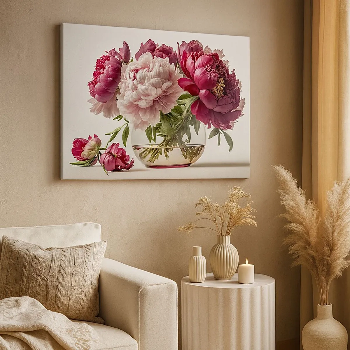Quadro em tela - Um buquê de peônias em tons de rosa e vermelho - 70x50cm - Em plena floração de beleza - Decoração de parede moderna para a sala de estar e quarto ARTTOR