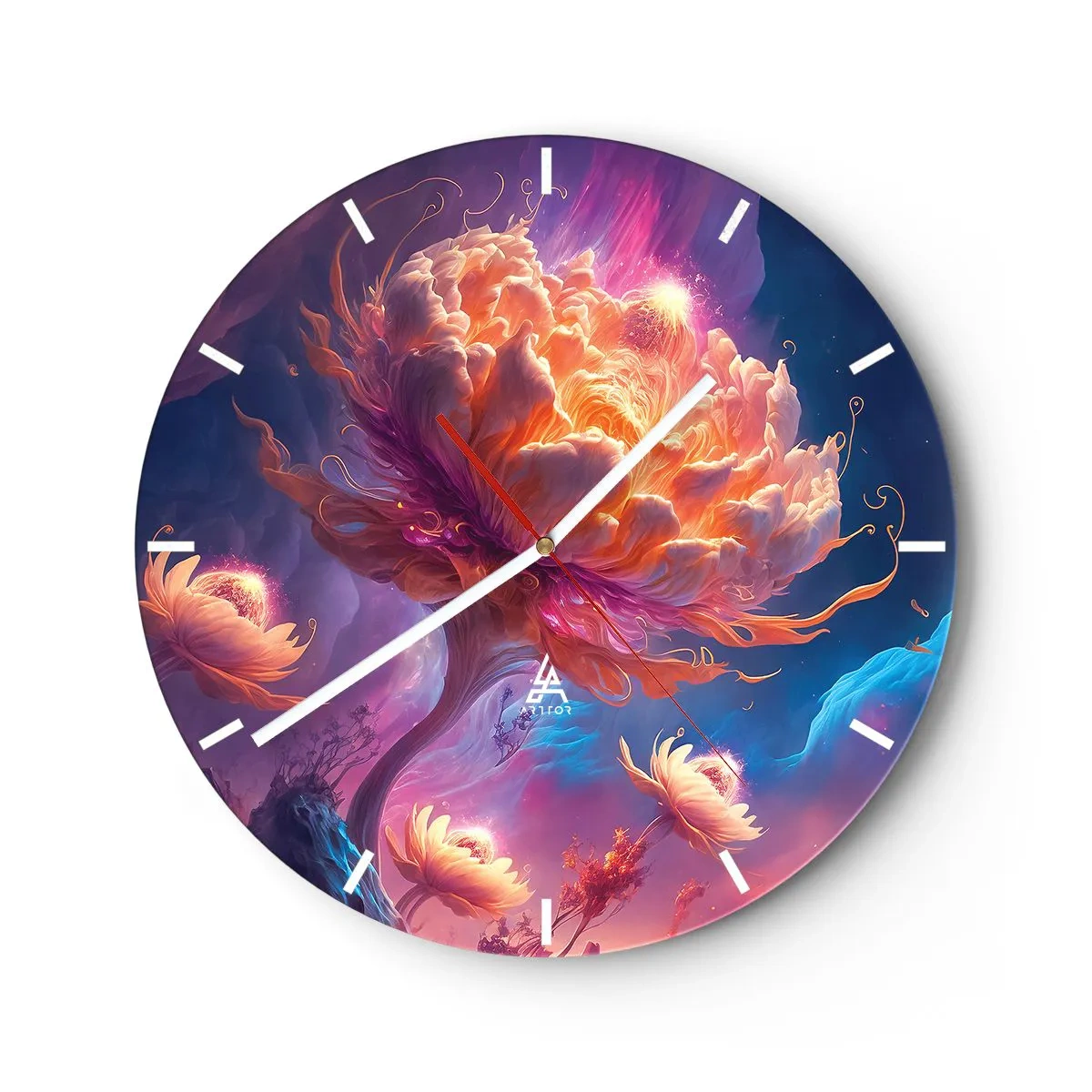 Relógio de parede - Relógio em vidro - Uma flor fantástica iluminada em uma paisagem cósmica - 30x30cm - Outro mundo - Decoração de parede moderna para a sala de estar, cozinha e quarto ARTTOR