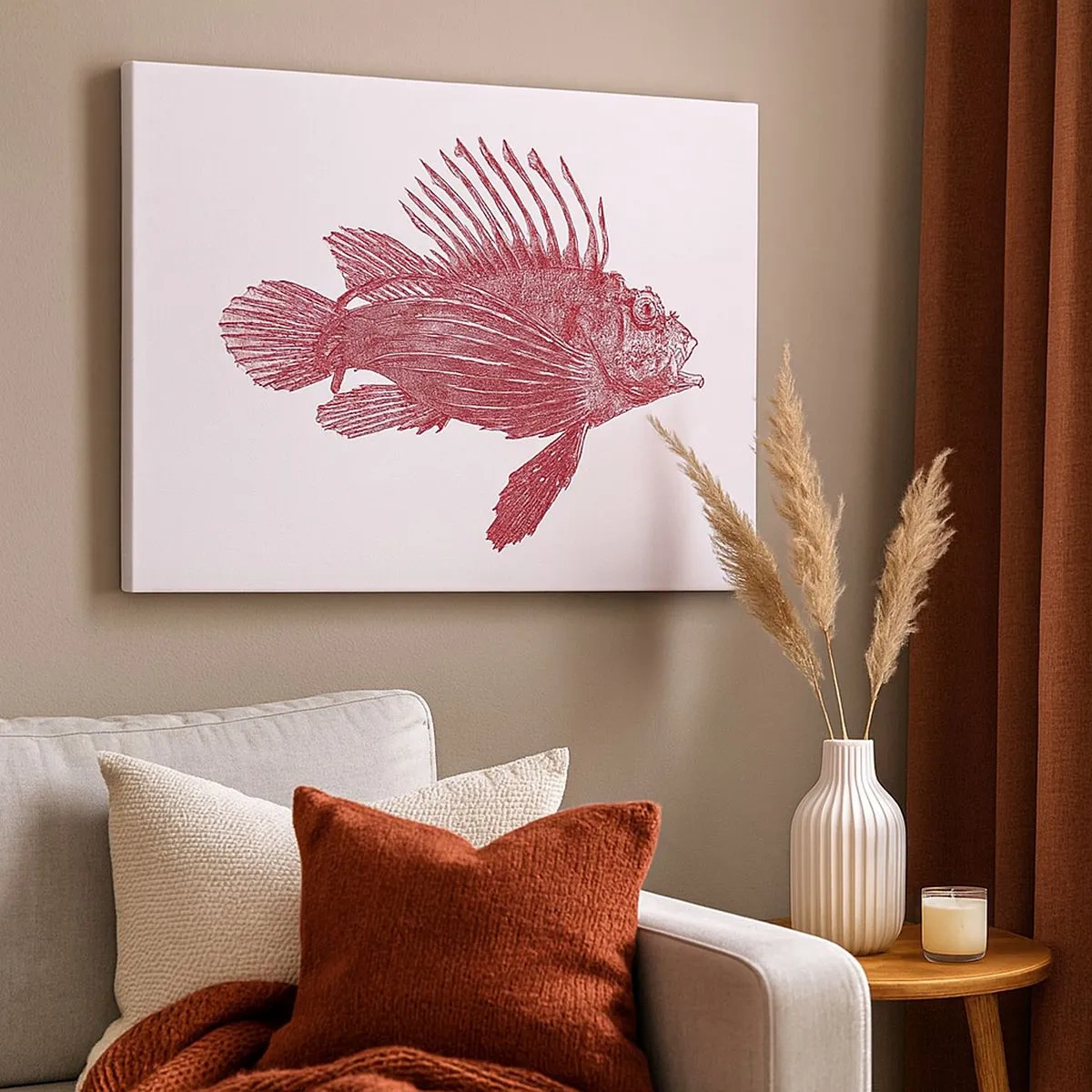 Quadro em tela - Desenho de um peixe em tom vermelho - 70x50cm - Um habitante de águas exóticas - Decoração de parede moderna para a sala de estar e quarto ARTTOR