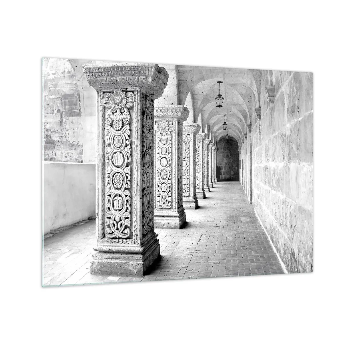 Quadro em vidro - Claustro histórico com colunas esculpidas - 70x50cm - E para onde...? - Decoração de parede moderna para a sala de estar e quarto ARTTOR