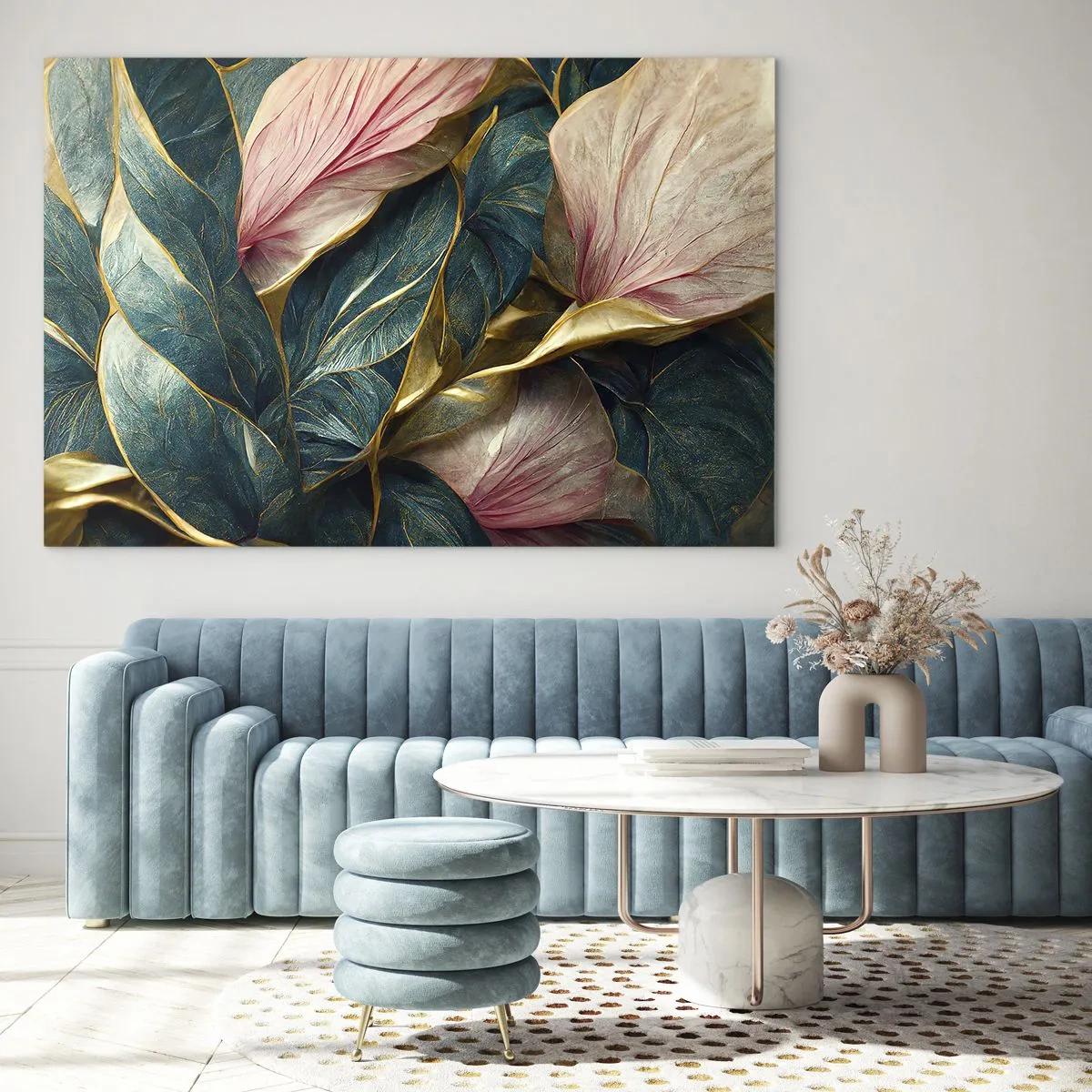 Quadro em vidro - Folhas verdes e rosa com detalhes dourados - 70x50cm - Elegância e estilo naturais - Decoração de parede moderna para a sala de estar e quarto ARTTOR