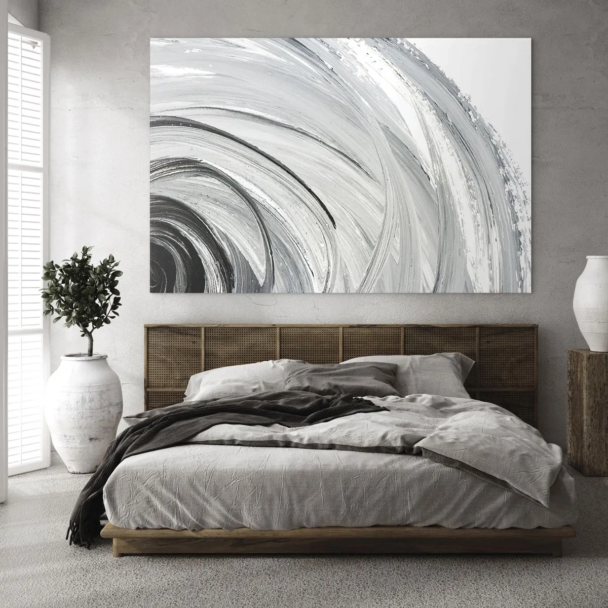 Quadro em vidro - Uma espiral preta e branca com pinceladas dinâmicas. - 70x50cm - Composição orbital - Decoração de parede moderna para a sala de estar e quarto ARTTOR