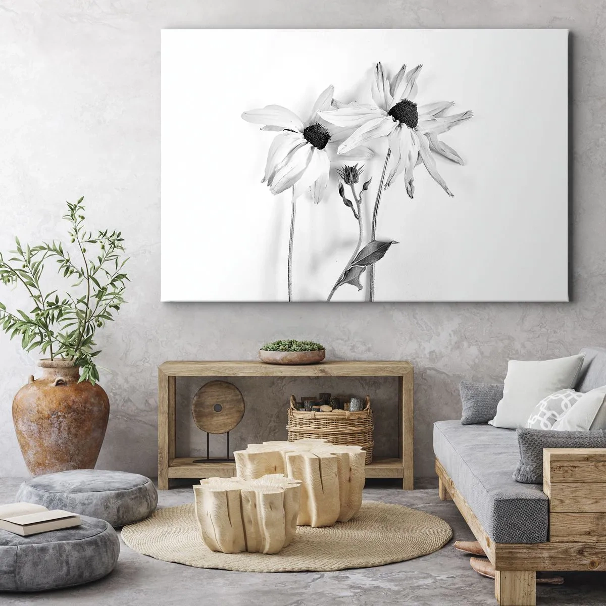 Quadro em tela - Flores pretas e brancas com uma composição sutil - 70x50cm - Ninguém quer estar sozinho - Decoração de parede moderna para a sala de estar e quarto ARTTOR