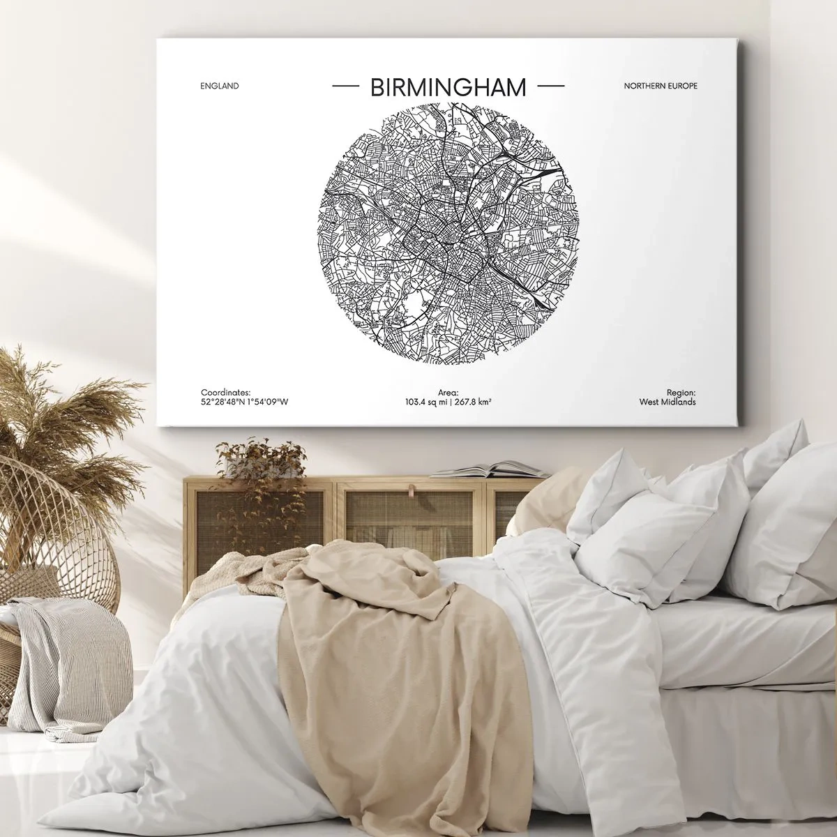 Quadro em tela - Um mapa minimalista em preto e branco de Birmingham com detalhes precisos. - 70x50cm - Anatomia de Birmingham - Decoração de parede moderna para a sala de estar e quarto ARTTOR