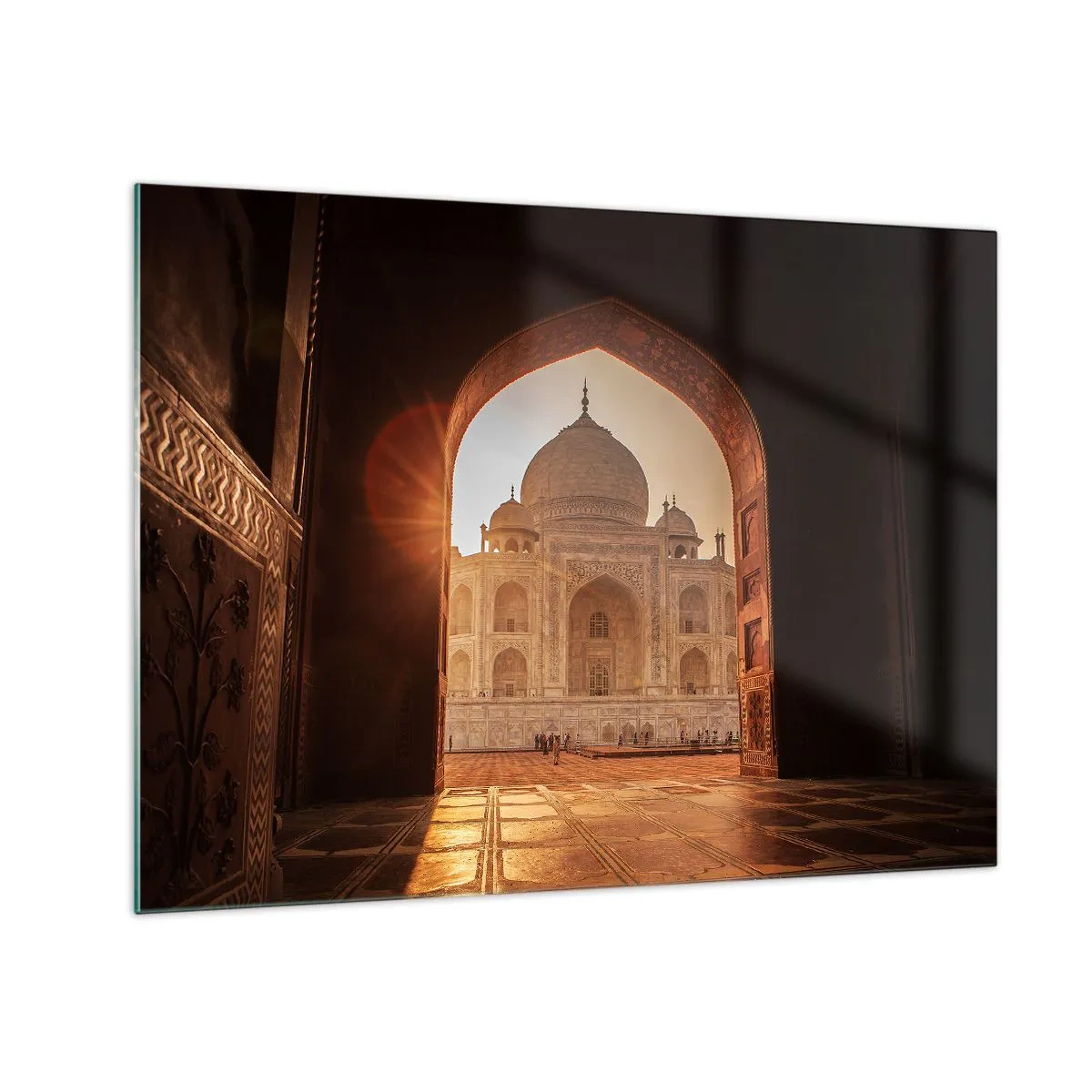Quadro em vidro - Pôr do sol sobre um edifício monumental visto através de um arco - 70x50cm - Monumento ao amor sobrenatural - Decoração de parede moderna para a sala de estar e quarto ARTTOR