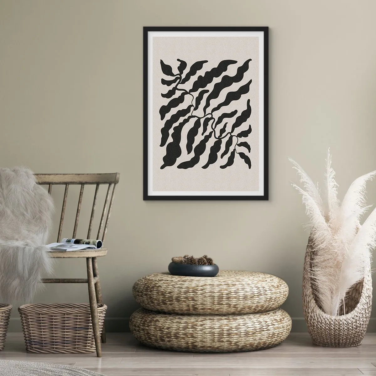 Pôster com moldura preta - Composição abstrata de plantas em preto sobre fundo bege - 50x70cm - A natureza da praça - Decoração de parede moderna para a sala de estar e quarto ARTTOR