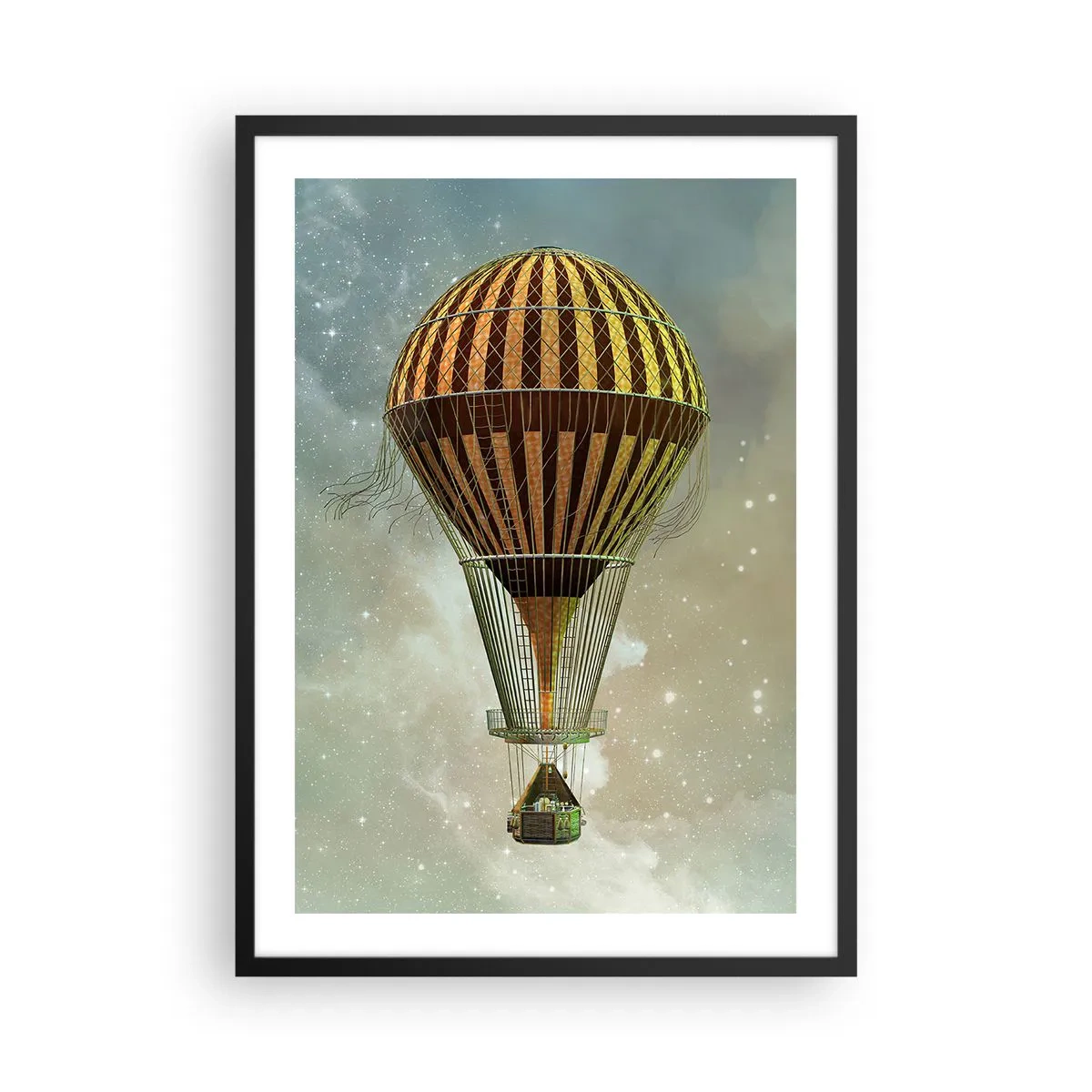 Pôster com moldura preta - Um balão dourado flutuando no espaço sideral - 50x70cm - Voos pioneiros - Decoração de parede moderna para a sala de estar e quarto ARTTOR