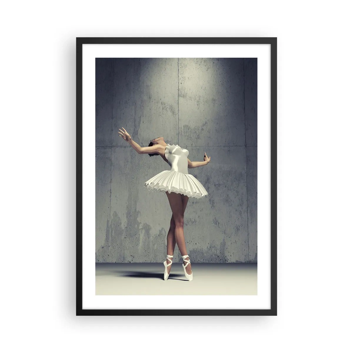 Pôster com moldura preta - Uma bailarina de vestido branco contra o fundo de uma parede de concreto aparente. - 50x70cm - Leve como um pássaro - Decoração de parede moderna para a sala de estar e quarto ARTTOR