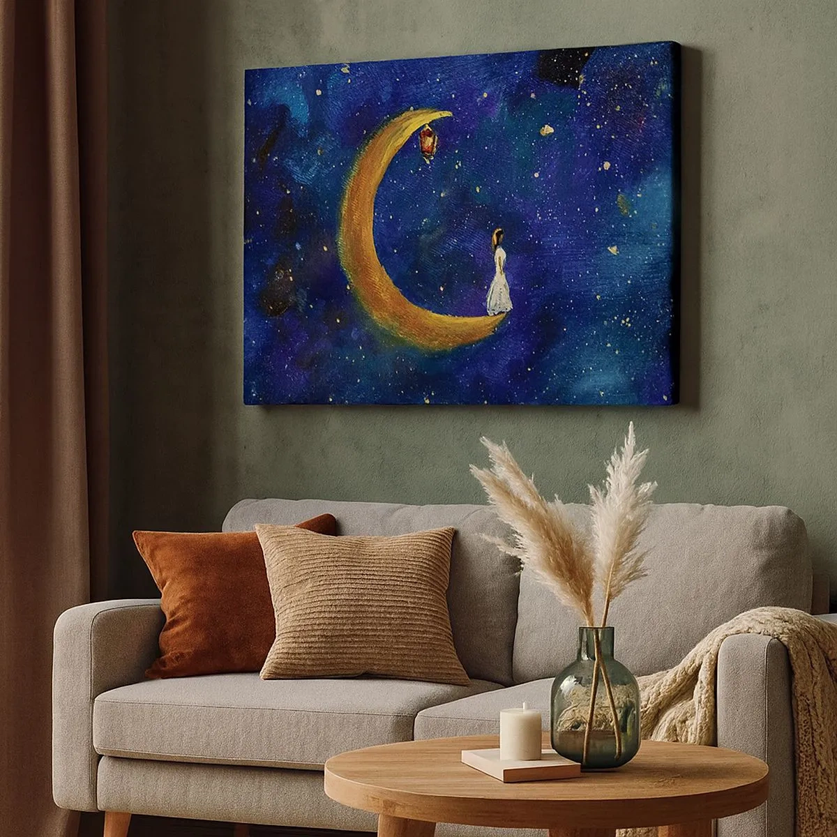 Quadro em tela - Uma garota parada na lua em um céu estrelado - 70x50cm - O Chamado do Mundo - Decoração de parede moderna para a sala de estar e quarto ARTTOR