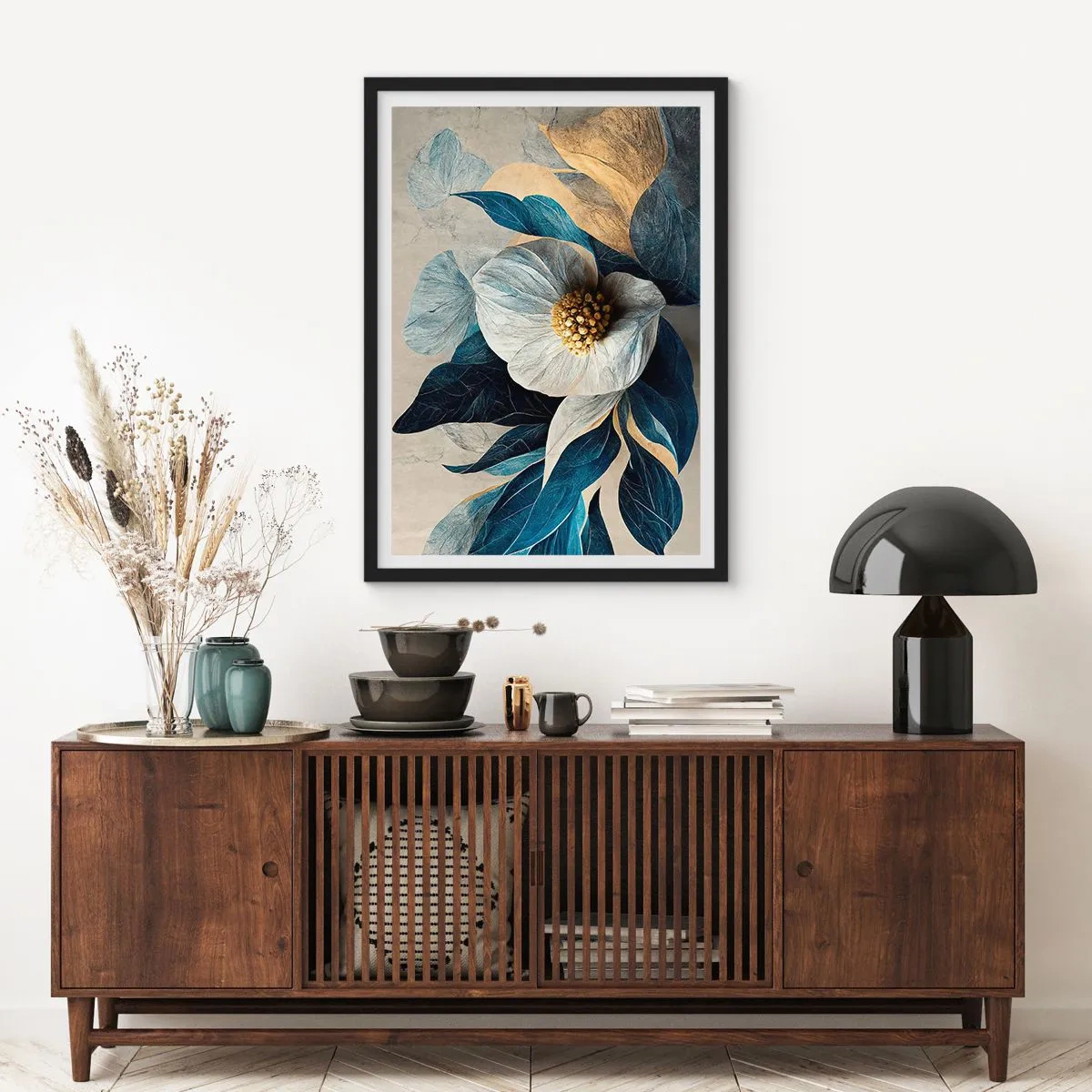 Pôster com moldura preta - Uma flor elegante em tons de azul marinho e dourado - 50x70cm - Tem um coração de ouro - Decoração de parede moderna para a sala de estar e quarto ARTTOR