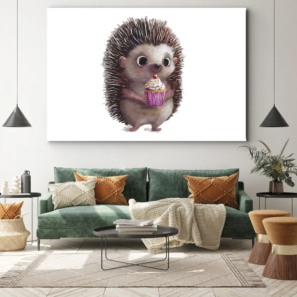 Quadro em tela - Um ouriço fofo com um bolinho - 70x50cm - A celebração é diária - Decoração de parede moderna para a sala de estar e quarto ARTTOR