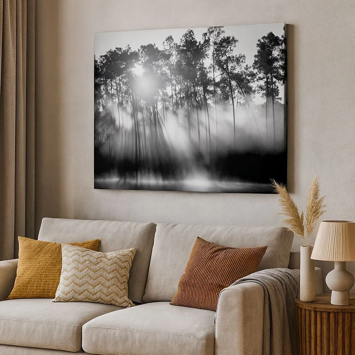 Quadro em tela - Floresta preta e branca na neblina da manhã - 70x50cm - O sol imparável - Decoração de parede moderna para a sala de estar e quarto ARTTOR