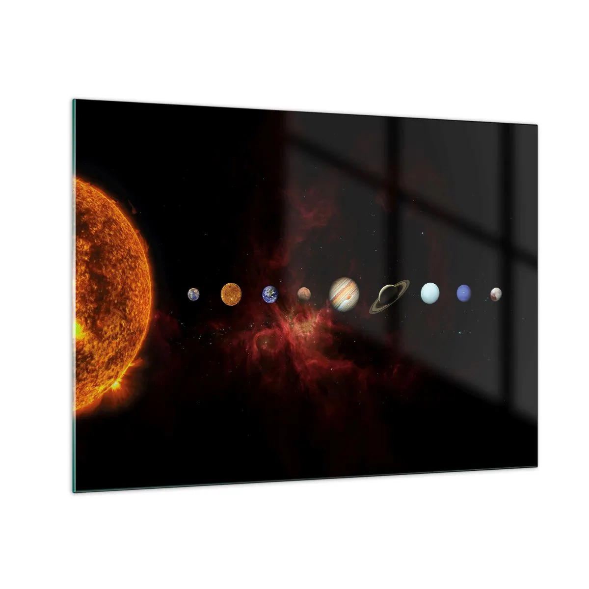 Quadro em vidro - Sistema planetário com o Sol em fundo preto - 70x50cm - Nosso bairro - Decoração de parede moderna para a sala de estar e quarto ARTTOR