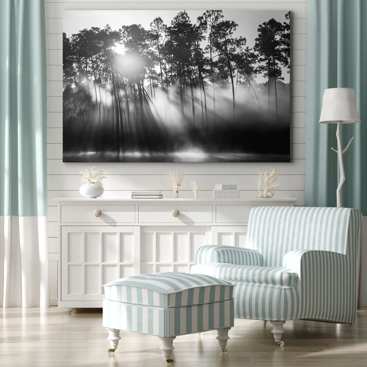 Quadro em tela - Floresta preta e branca na neblina da manhã - 70x50cm - O sol imparável - Decoração de parede moderna para a sala de estar e quarto ARTTOR