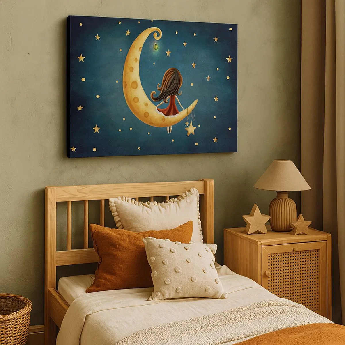 Quadro em tela - Uma garota na lua cercada por estrelas - 70x50cm - Uma vez... - Decoração de parede moderna para a sala de estar e quarto ARTTOR