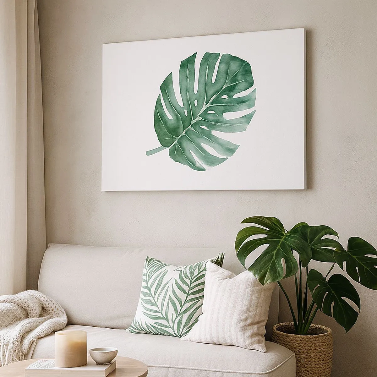 Quadro em tela - Folha de monstera verde em estilo minimalista - 70x50cm - Conceito verde - Decoração de parede moderna para a sala de estar e quarto ARTTOR