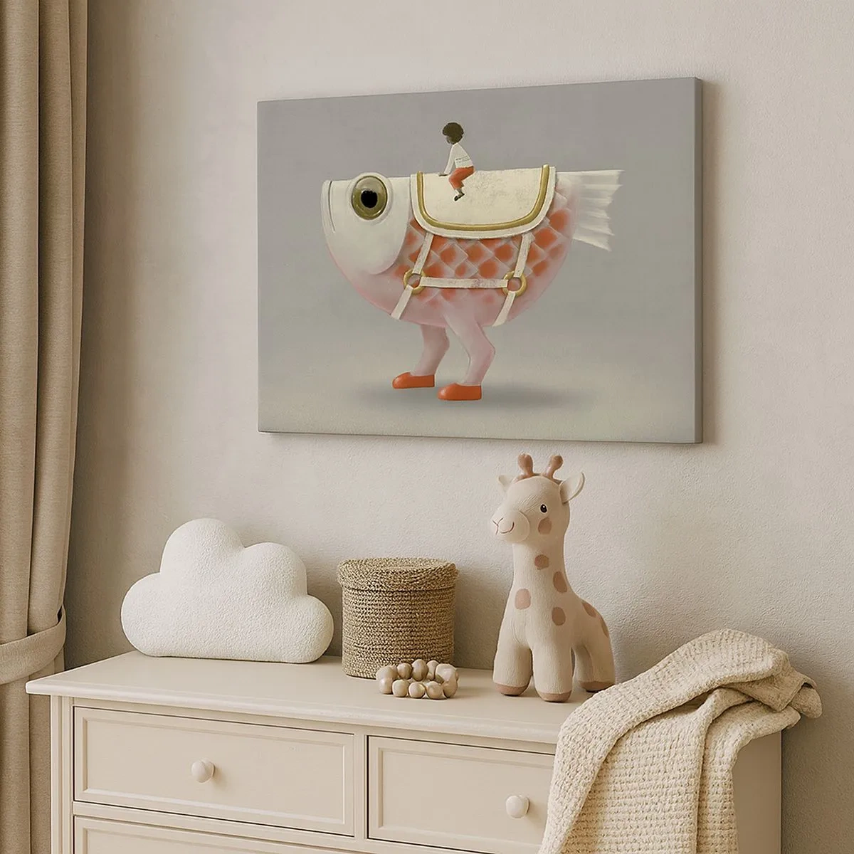 Quadro em tela - Um elegante cavaleiro de peixe com pernas e uma sela - 70x50cm - O cavaleiro Peixoso - Decoração de parede moderna para a sala de estar e quarto ARTTOR